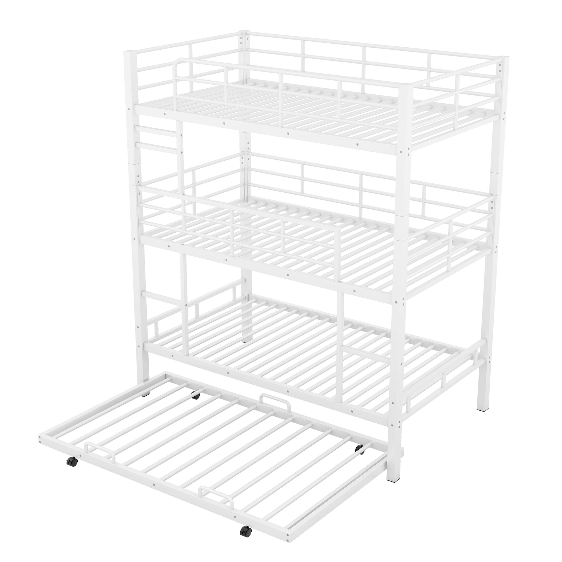 Metal Twin Size Triple Bunk Bed With Trundle, White Antique White Metal