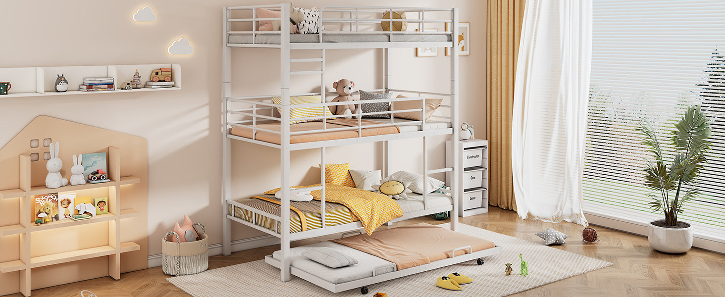 Metal Twin Size Triple Bunk Bed With Trundle, White Antique White Metal