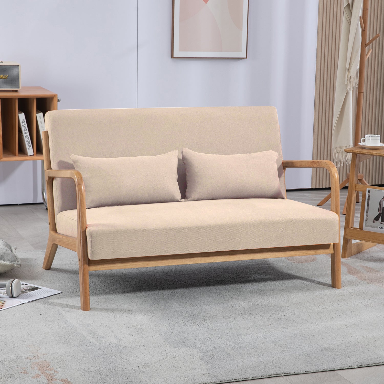 Leisure Chair With Solid Wood Armrest And Feet, Mid Century Modern Accent Sofa,2 Seat Beige Linen