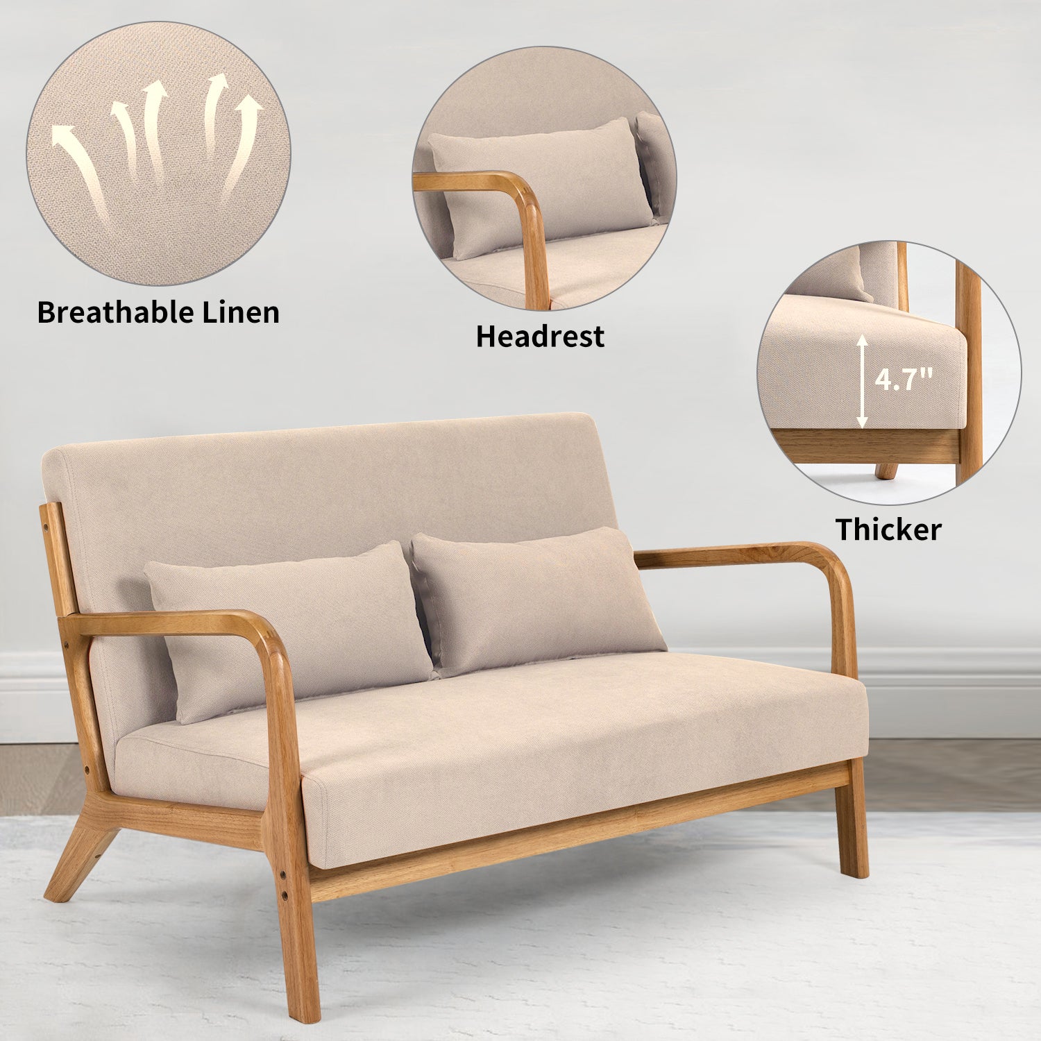 Leisure Chair With Solid Wood Armrest And Feet, Mid Century Modern Accent Sofa,2 Seat Beige Linen