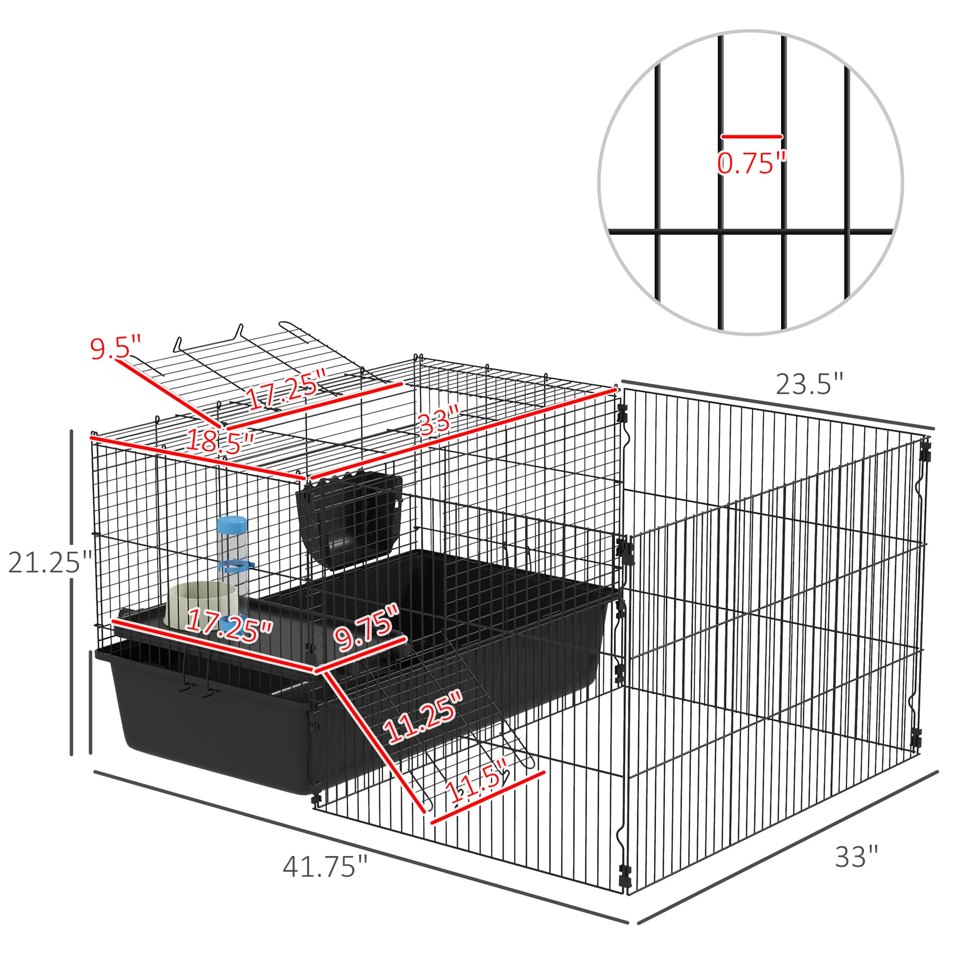 Pawhut Small Animal Cage With Playpen, Pet Habitat Indoor For Guinea Pigs Hedgehogs Bunnies With Accessories, Water Bottle, Food Dish, Feeding Trough, 42" X 33" X 21" Black Steel