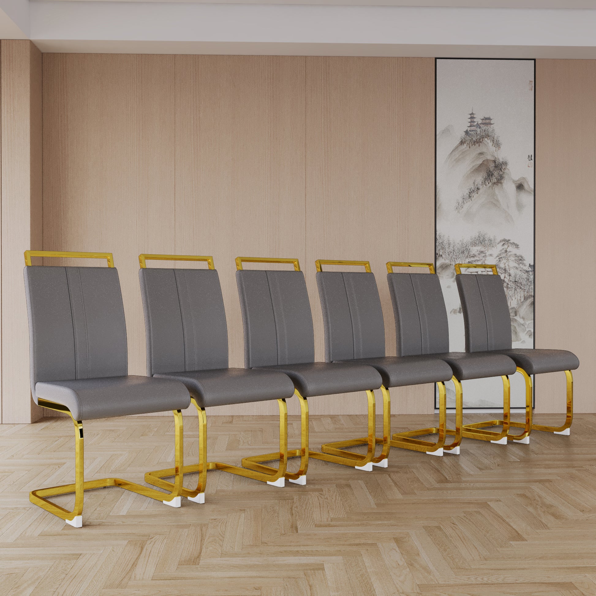 Modern Dining Chairs,Pu Faux Leather High Back Upholstered Side Chair With C Shaped Tube. Plating Golden Metal Legs For Dining Room Kitchen Vanity Patio Club Guest Office Chair Set Of 2 Grey Pu Grey Kitchen Dining Chairs Foam Pu