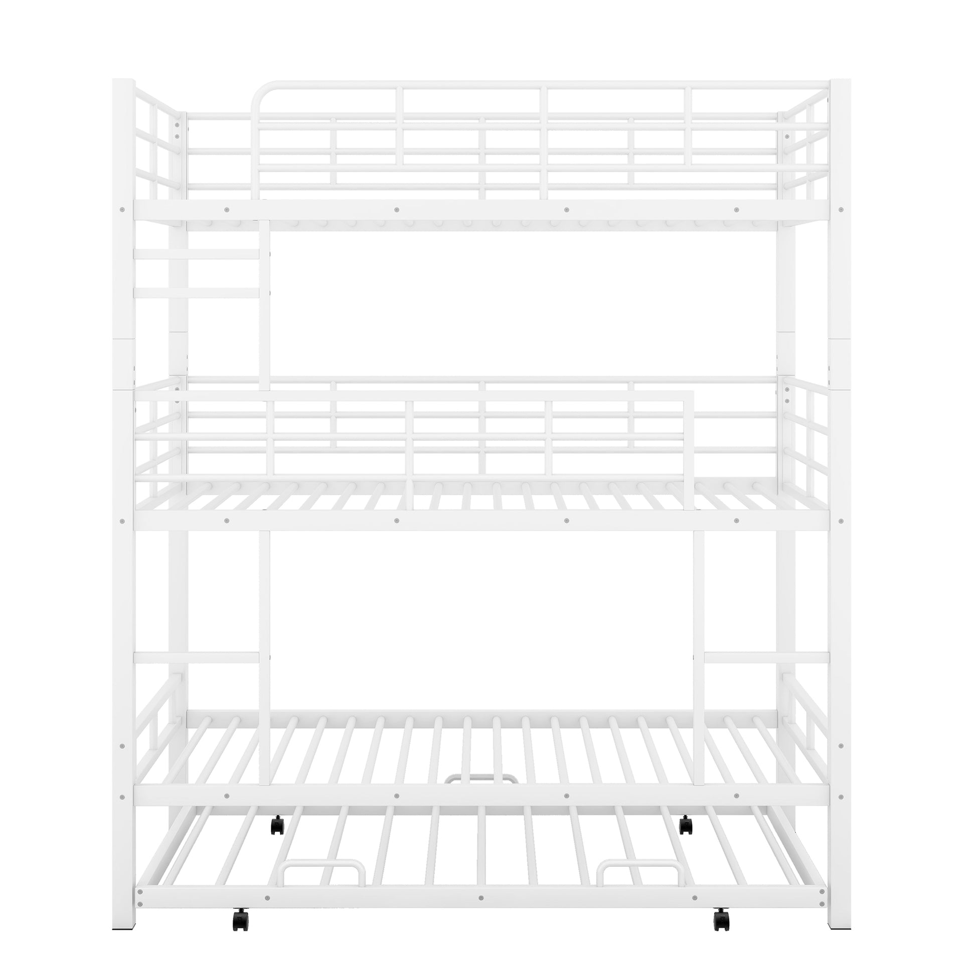 Metal Twin Size Triple Bunk Bed With Trundle, White Antique White Metal