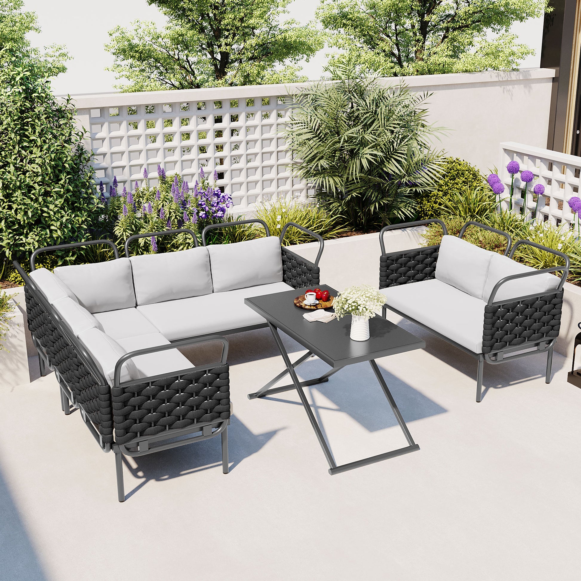 5 Piece Modern Patio Sectional Sofa Set Outdoor Woven Rope Furniture Set With Glass Table And Cushions, Black Gray Yes Sectional Grey Black Weather Resistant Frame Water Resistant Cushion Garden & Outdoor Modern Sectional Seating Groups Foam Woven Rope
