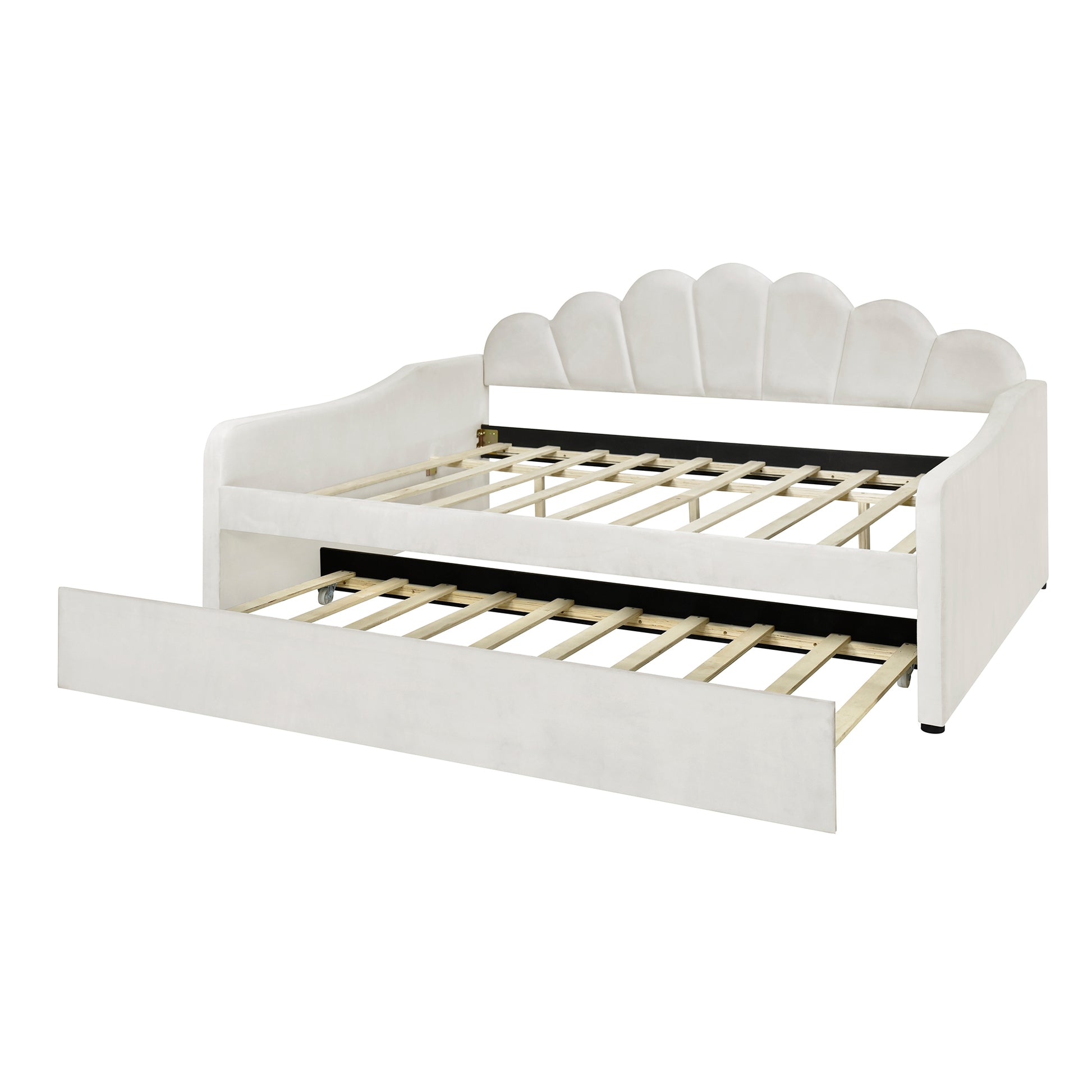 Full Size Upholstery Daybed Frame With Shall Shaped Backrest And Trundle,White Full White Solid Wood Mdf
