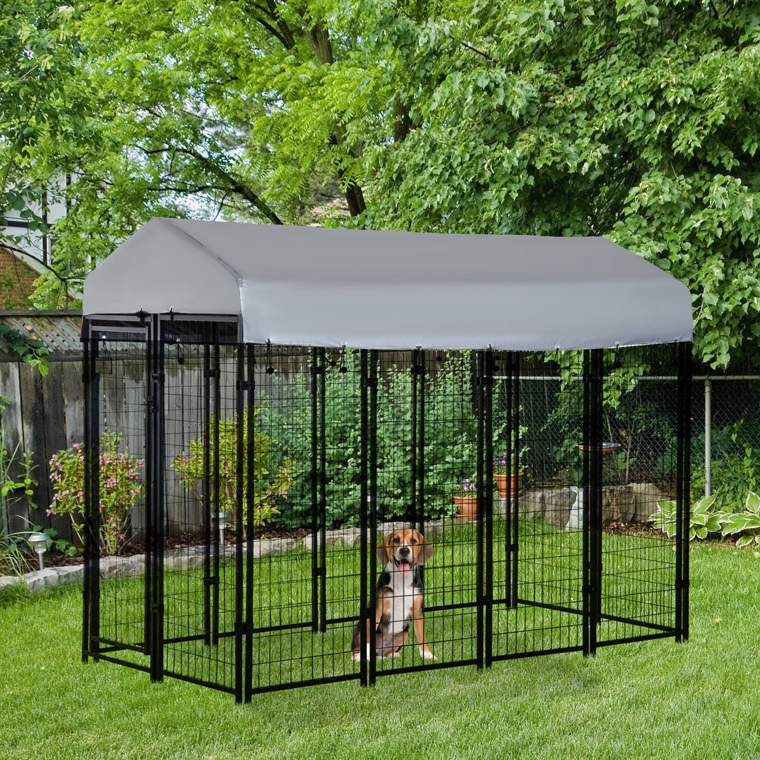 Pawhut 8' X 4' X 6' Dog Playpen Outdoor, Dog Kennel Dog Exercise Pen With Lockable Door, Water Resistant Canopy, For Medium And Large Dogs Black Steel