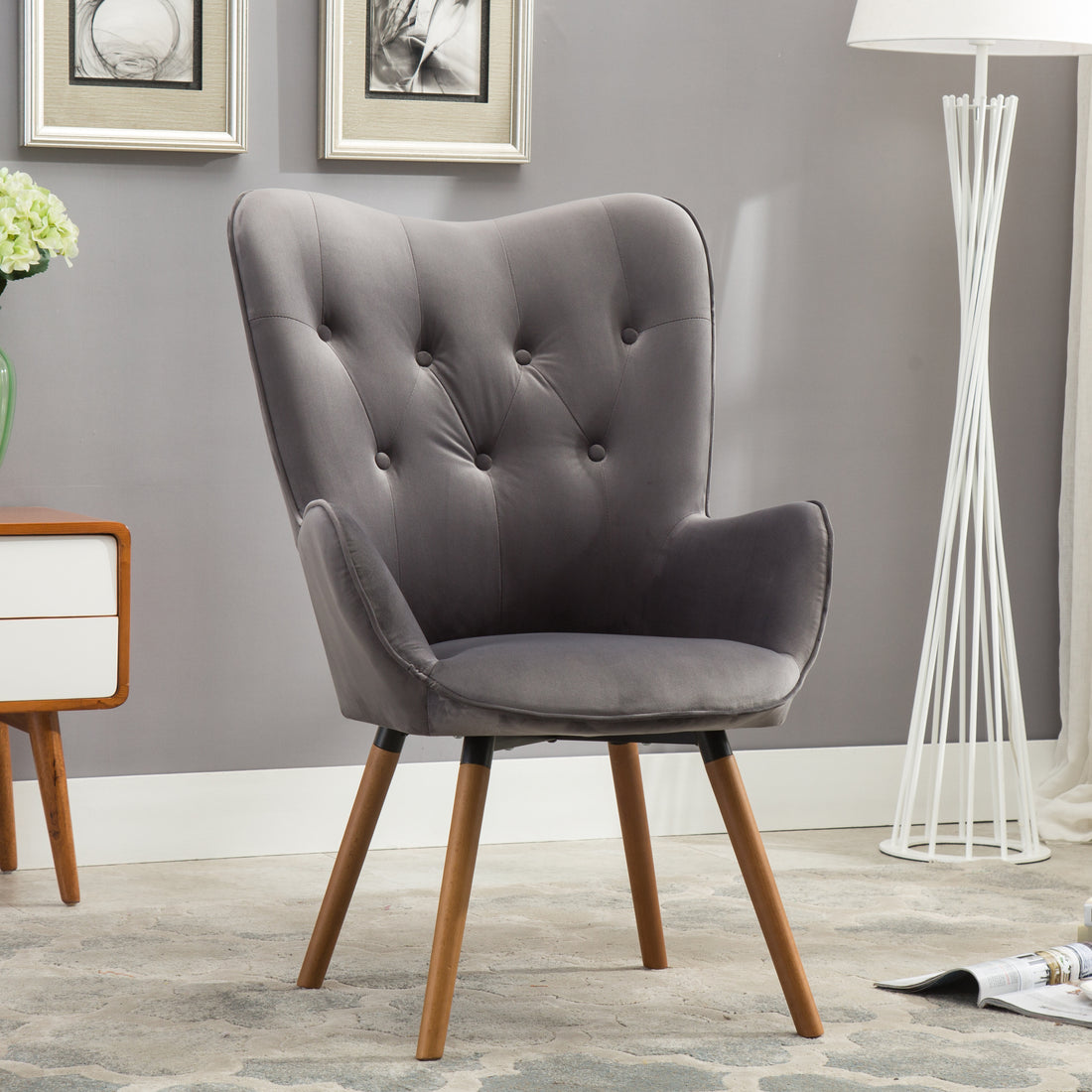 Doarnin Contemporary Silky Velvet Tufted Button Back Accent Chair, Gray Gray Polyester