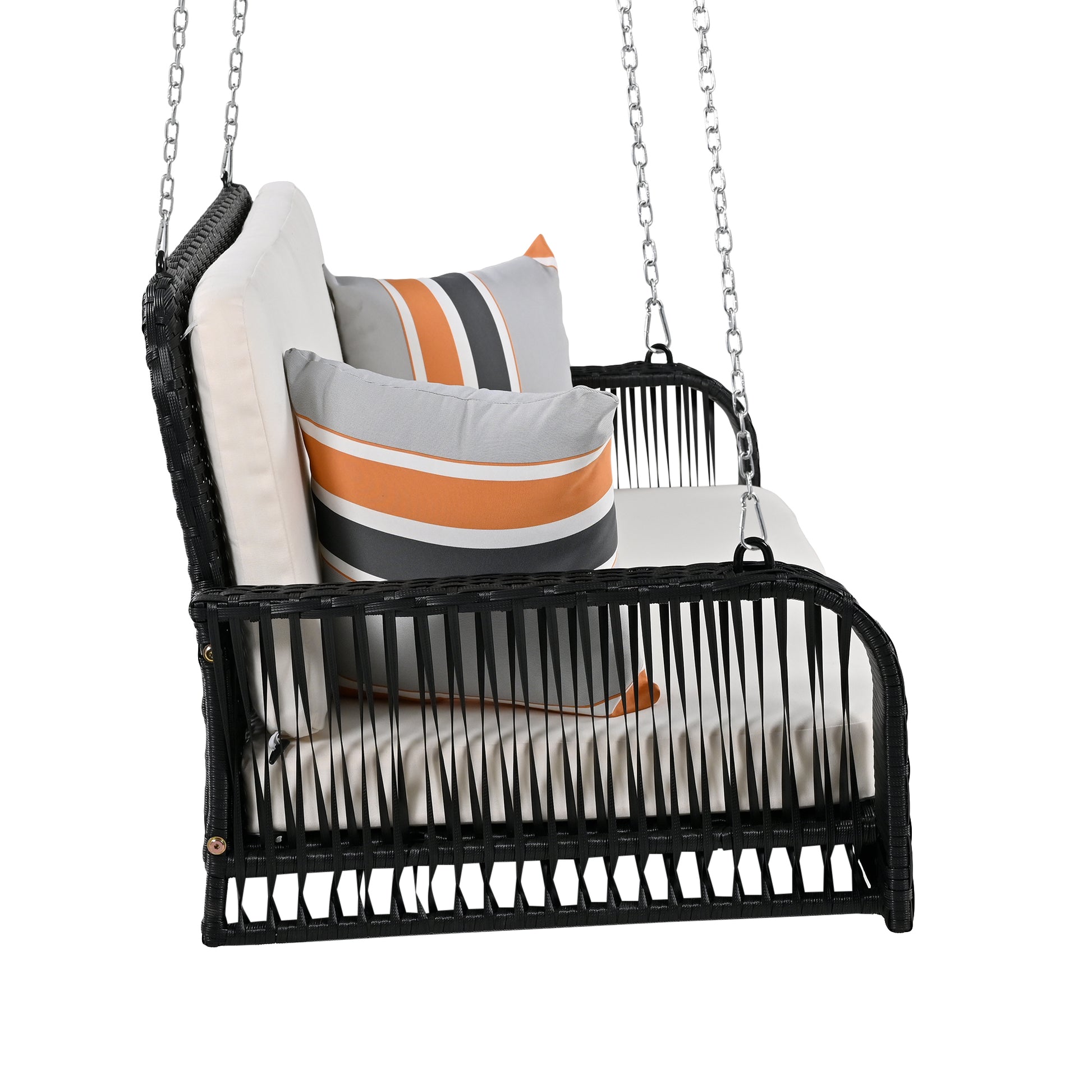 Pe Wicker Porch Swing, 2 Seater Hanging Bench With Chains, Patio Furniture Swing For Backyard Garden Poolside, Black And Beige Beige Black Foam Wicker