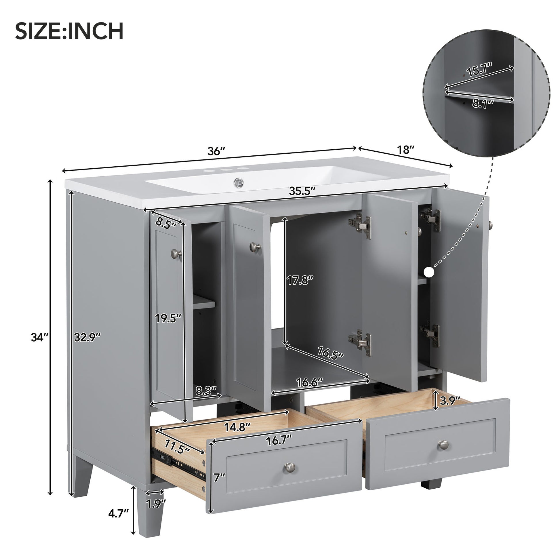 36'' Bathroom Vanity With Resin Sink Combo,Solid Wood Frame Bathroom Storage Cabinet, Freestanding Vanity Set With 4 Soft Closing Doors& 2 Drawers 2 Grey 4 5 Adjustable Shelves Bathroom Freestanding Solid Wood Mdf Resin Painted