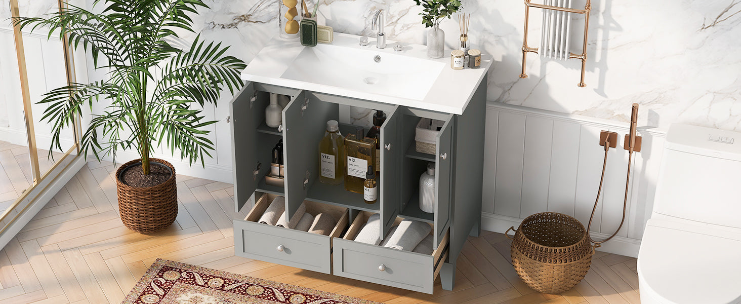 36'' Bathroom Vanity With Resin Sink Combo,Solid Wood Frame Bathroom Storage Cabinet, Freestanding Vanity Set With 4 Soft Closing Doors& 2 Drawers 2 Grey 4 5 Adjustable Shelves Bathroom Freestanding Solid Wood Mdf Resin Painted