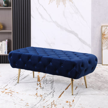 Sira Velvet Button Tufted Bench With Gold Metal Legs, Blue Blue Velvet