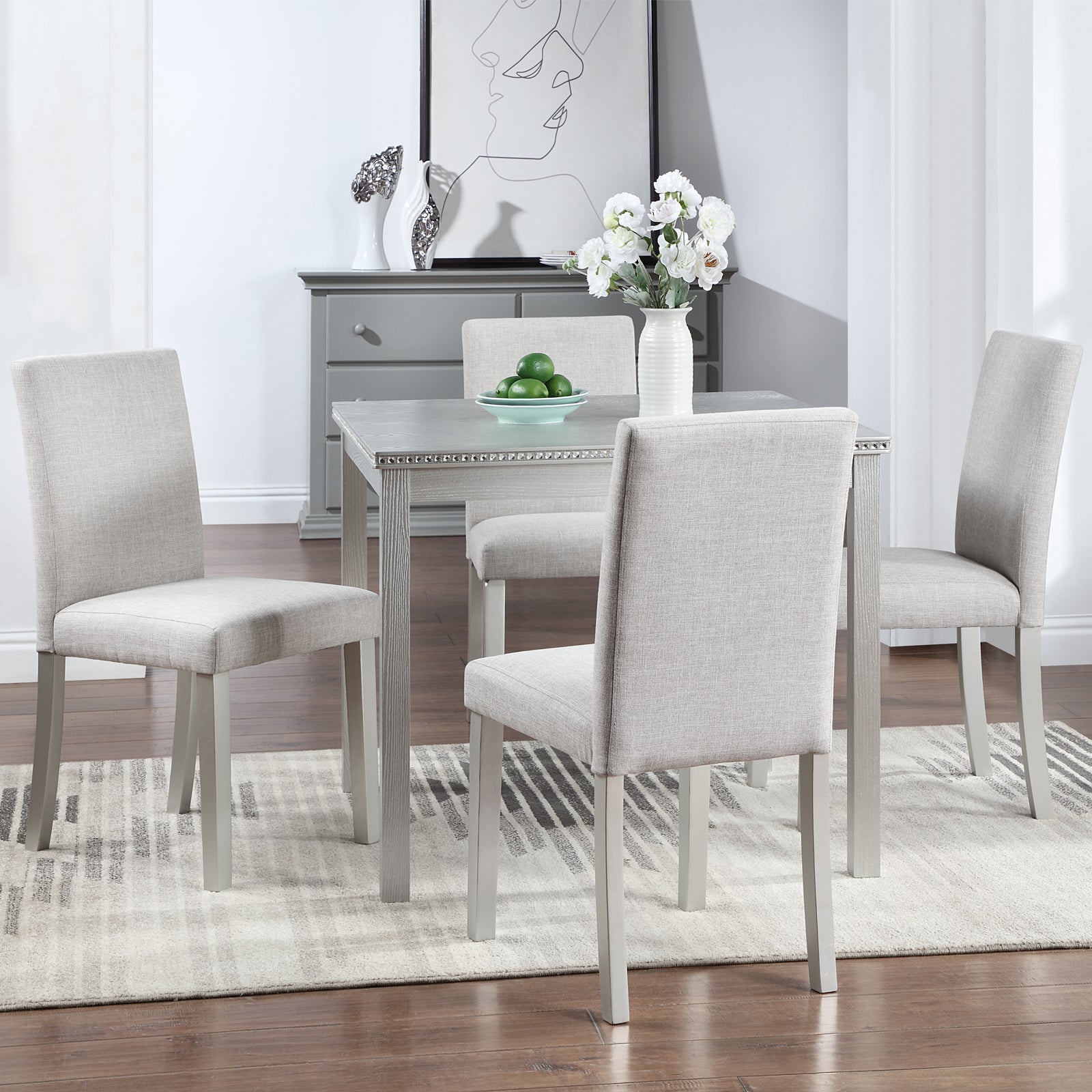 5 Piece Wooden Dining Table Set, Kitchen Table Set With A Square Table And 4 Upholstered Chairs, Wooden Dining Room Table With Crystal Decoration And Chairs Set For Kitchen, Dining Room, Silver Grey Beige Silver Gray Seats 4 Dining Room 4 Leg Square