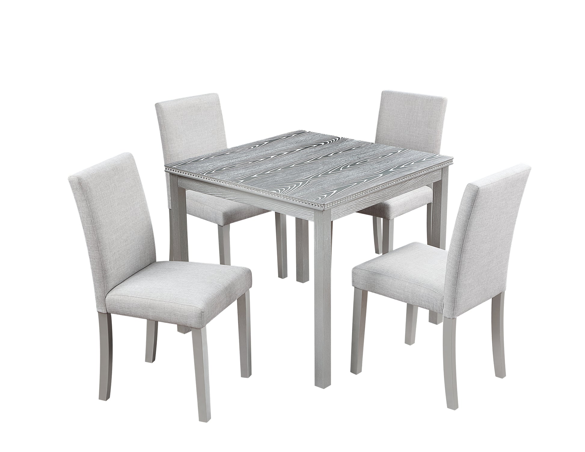 5 Piece Wooden Dining Table Set, Kitchen Table Set With A Square Table And 4 Upholstered Chairs, Wooden Dining Room Table With Crystal Decoration And Chairs Set For Kitchen, Dining Room, Silver Grey Beige Silver Gray Seats 4 Dining Room 4 Leg Square
