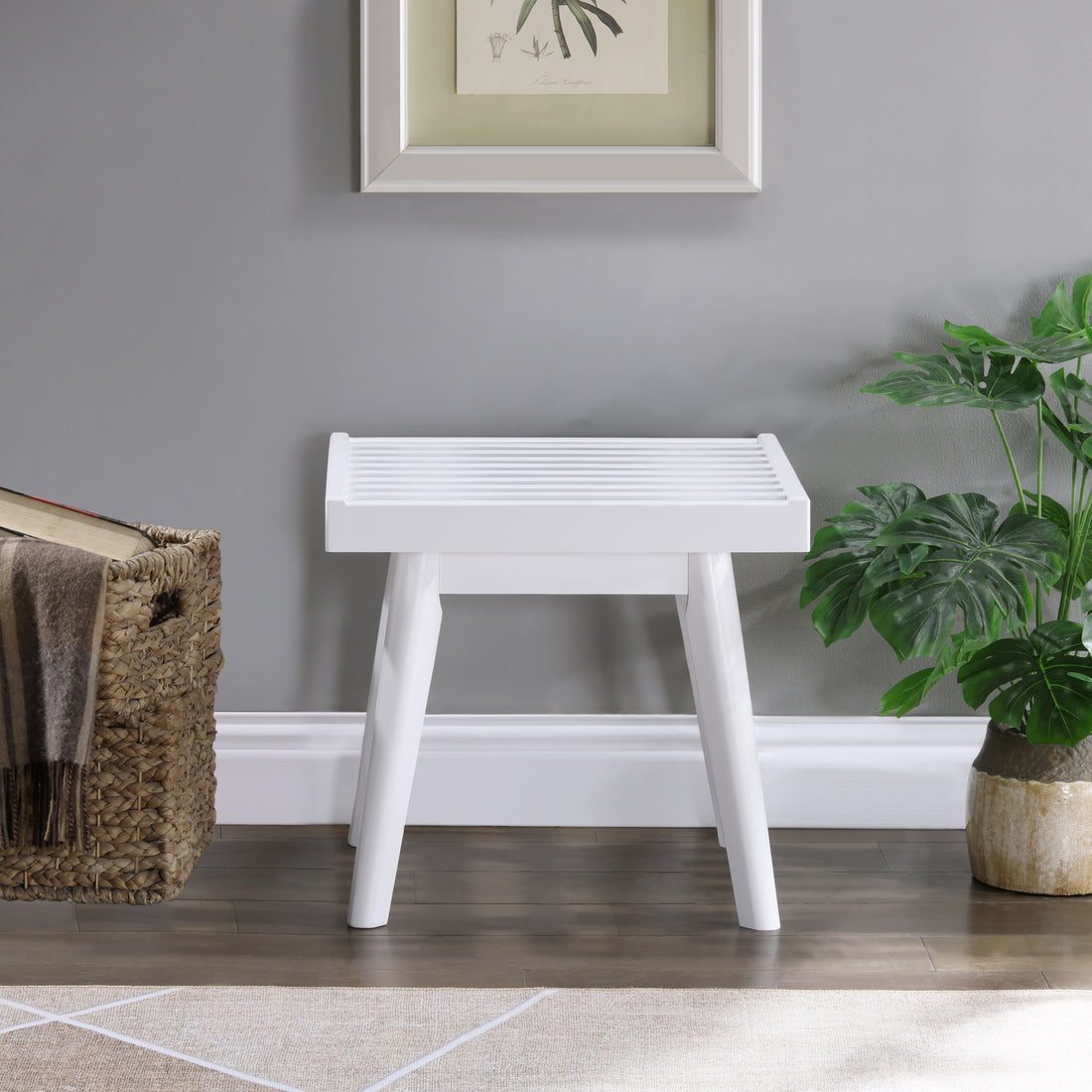Larwich Solid Wood Slatted Bench, 19 Inch Long, White White Wood