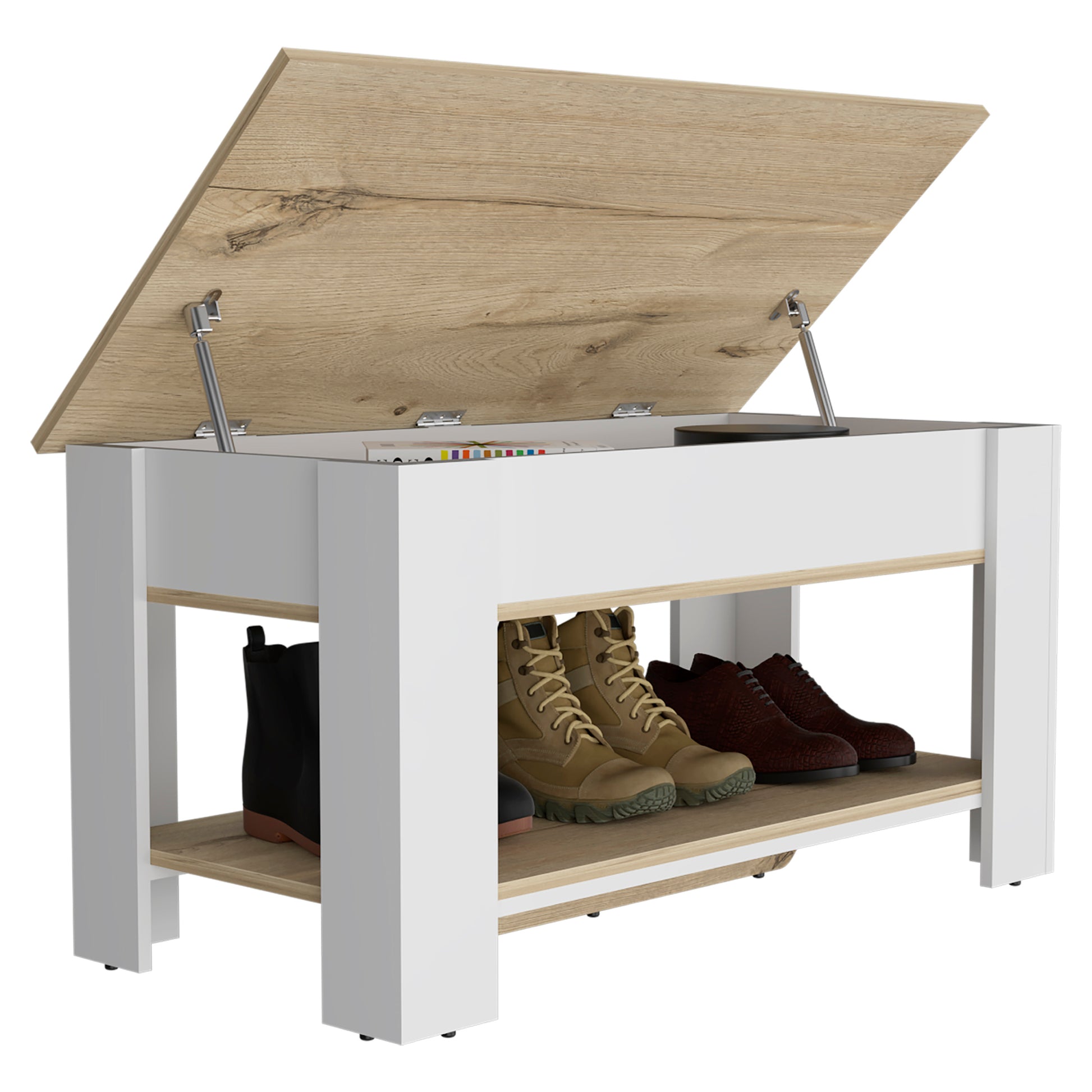 Storage Table, Four Legs, Lower Shelf, Light Oak White Multicolor Particle Board Particle Board