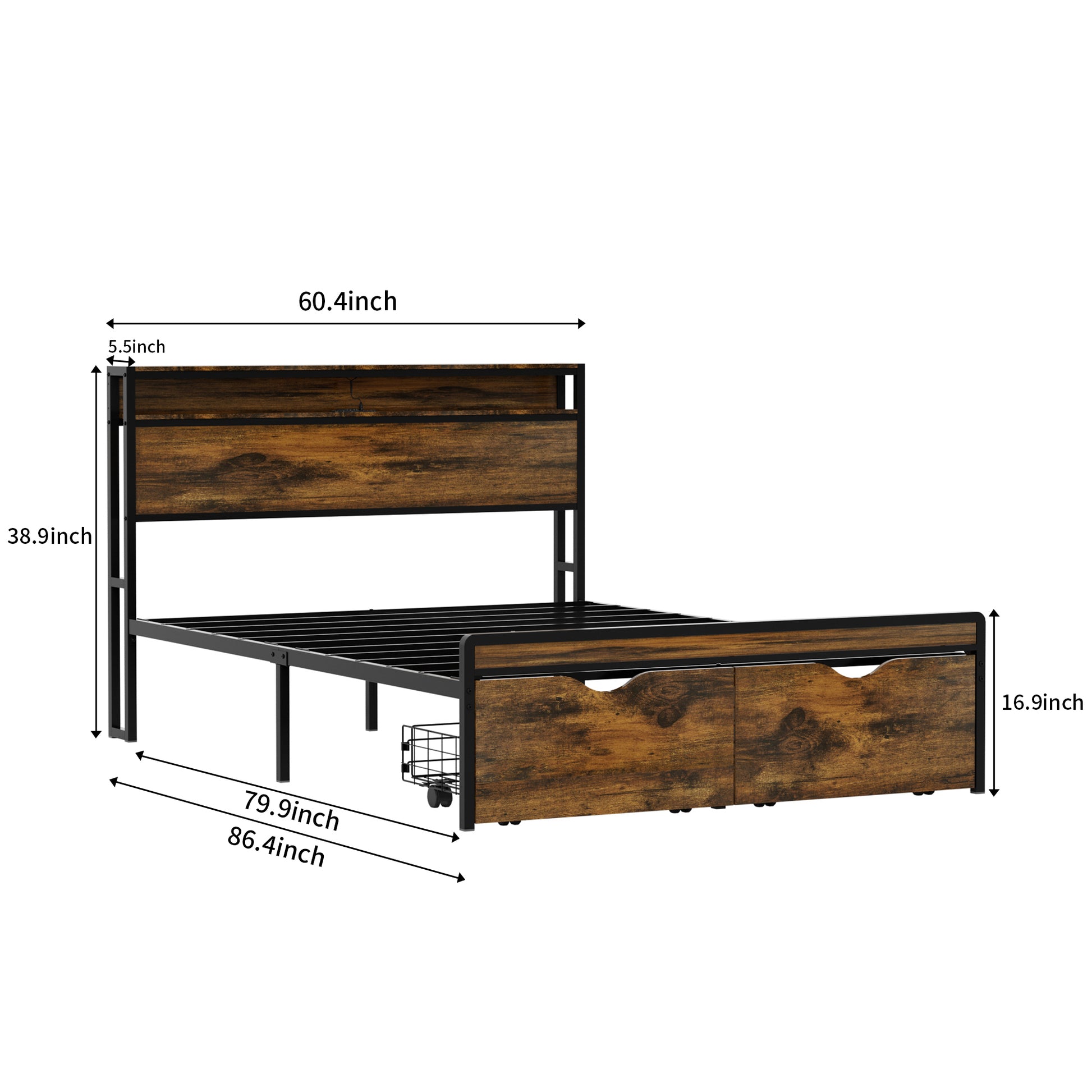 Queen Size Bed Frame With Storage Headboard And 2 Drawers, Led Lights Bed With Charging Station, Metal Platform Bed No Noise, Mattress Foundation Strong Metal Slats Support No Box Spring Needed Box Spring Not Required Queen Antique Brown Iron Brown