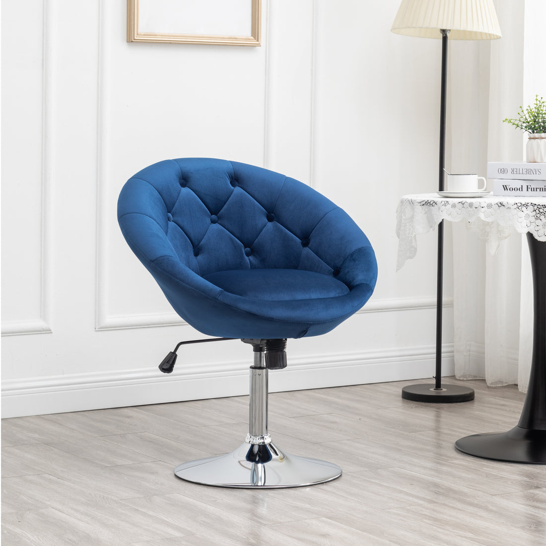 Noas Velvet Upholstered Tufted Back Swivel Accent Chair, Blue Blue Velvet