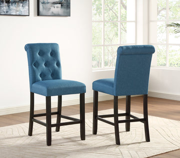 Leviton Solid Wood Tufted Asons Counter Height Stool, Set Of 2, Blue Blue Polyester Blend