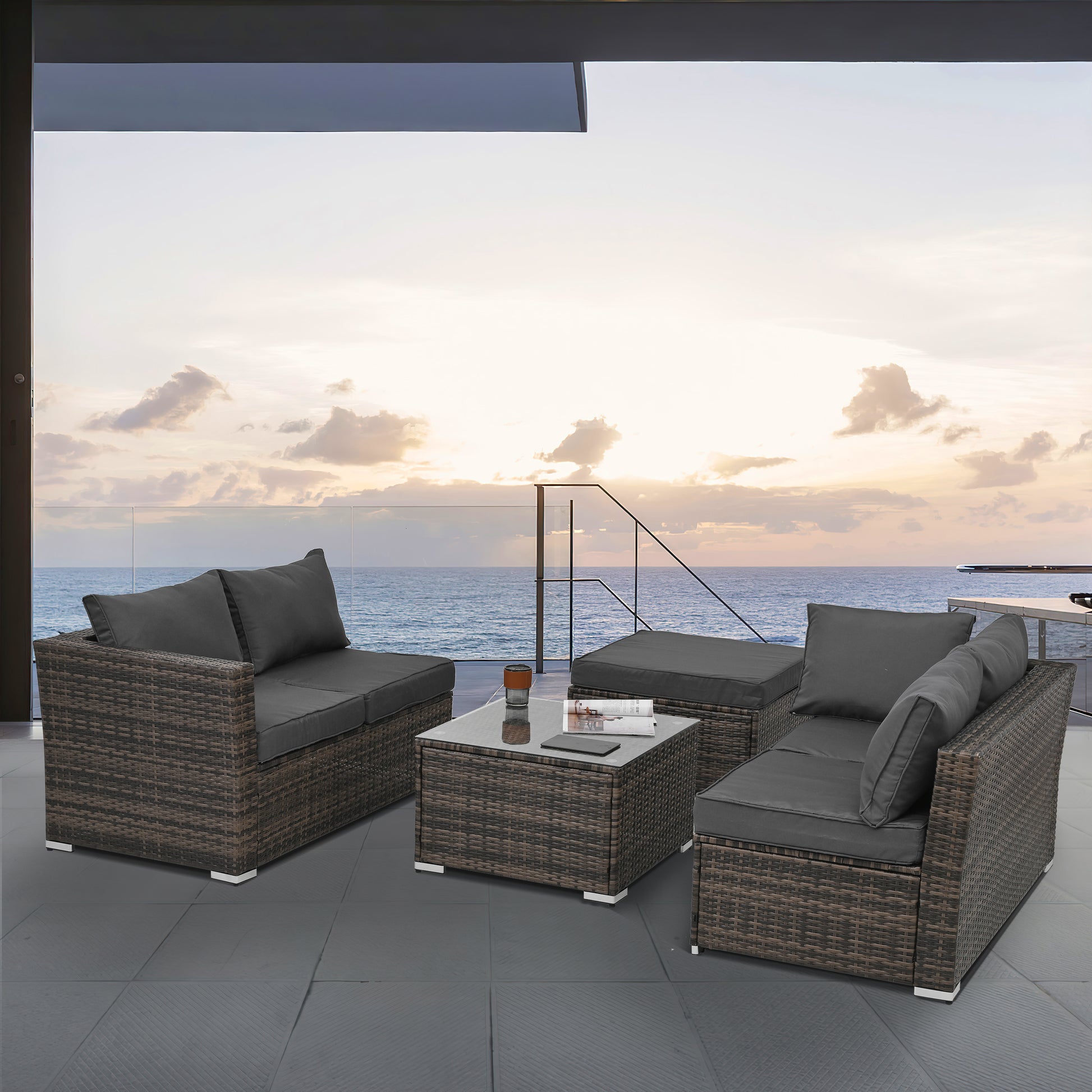 Patio Furniture, Outdoor Furniture, Seasonal Pe Wicker Furniture, 4 Set Wicker Furniture With Tempered Glass Coffee Table Brown Pe Rattan Iron Waterproof Fabric