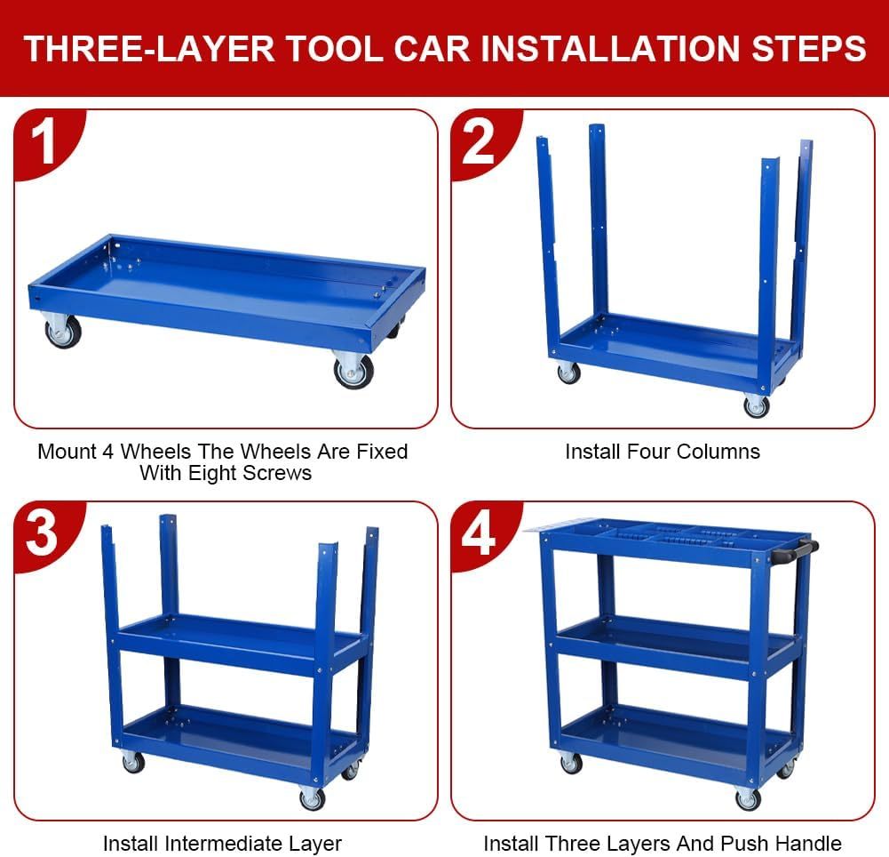 Tool Cart On Wheels, 3 Tier Rolling Mechanic Tool Cart, Heavy Duty Steel Utility Cart W Lockable Wheels, 450 Lbs Capacity Industrial Service Cart For Garage, Warehouse, Workshop Bright Red Blue Abs Steel Q235