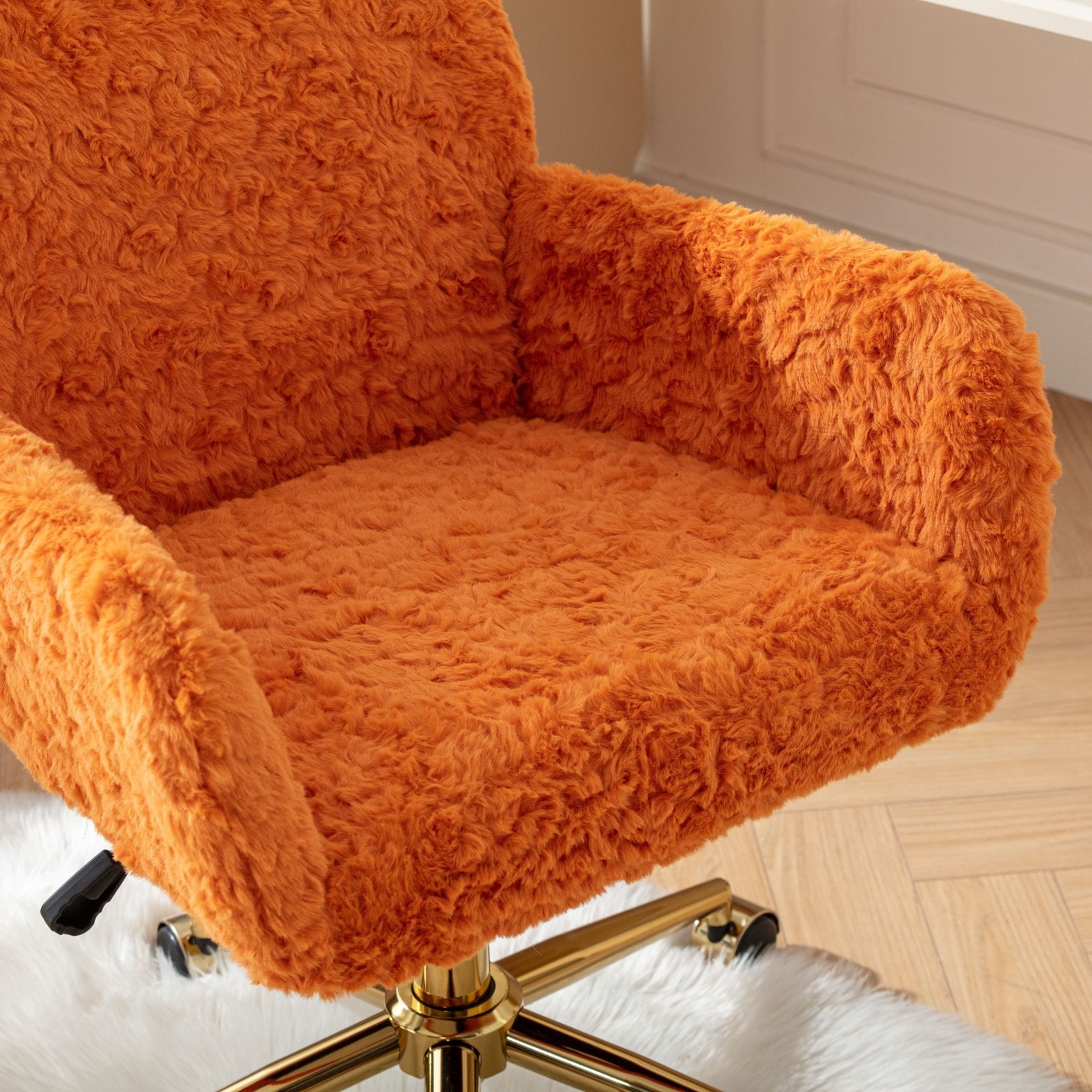 Office Chair,Artificial Rabbit Hair Home Office Chair With Golden Metal Base,Adjustable Desk Chair Swivel Office Chair,Vanity Chair Orange Orange Bedroom Foam Upholstered