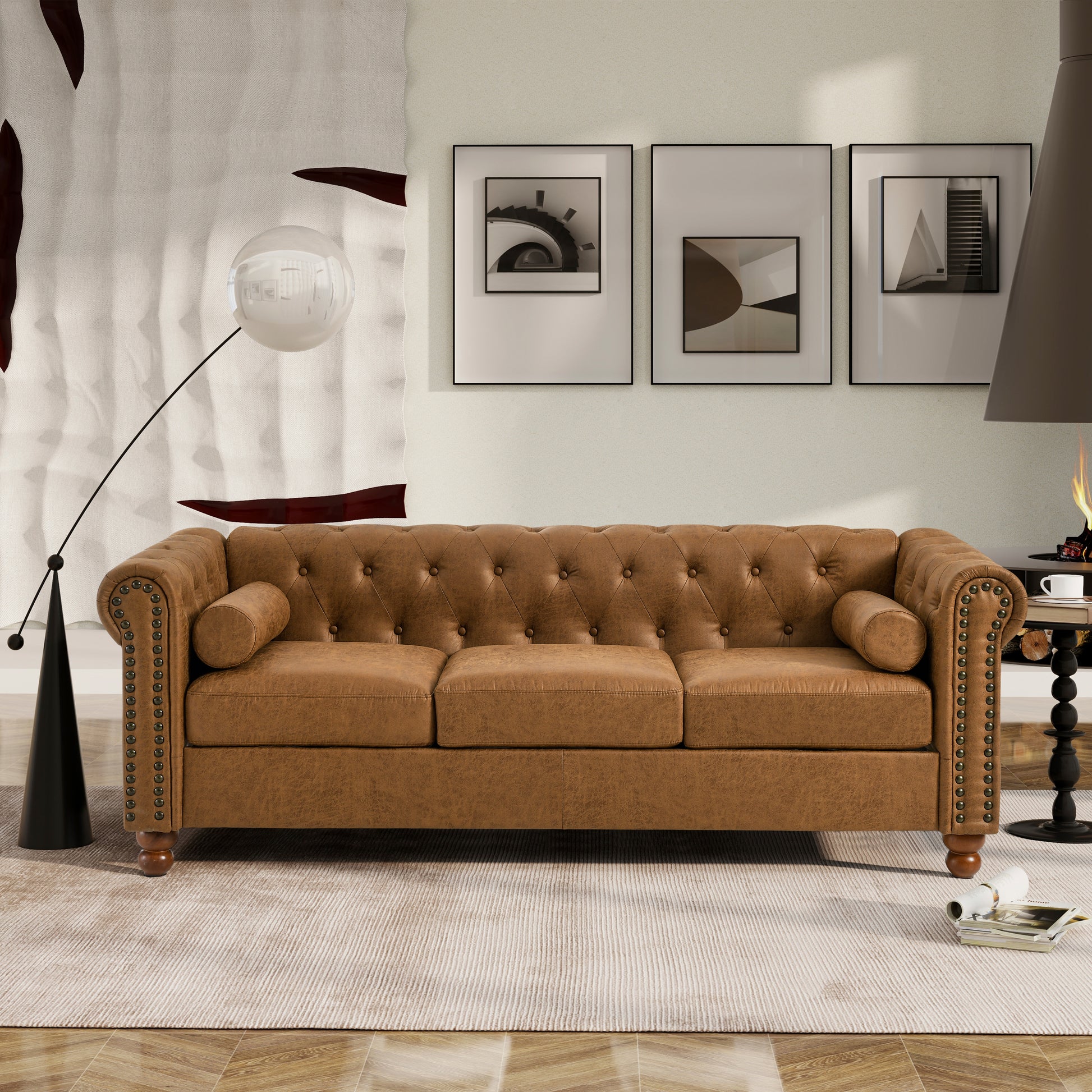 Classic Traditional Living Room Upholstered Sofa With High Tech Fabric Surface Chesterfield Tufted Fabric Sofa Couch, Large Brown Brown Primary Living Space Medium Soft Cushion Back Square Arms Foam Fabric 3 Seat