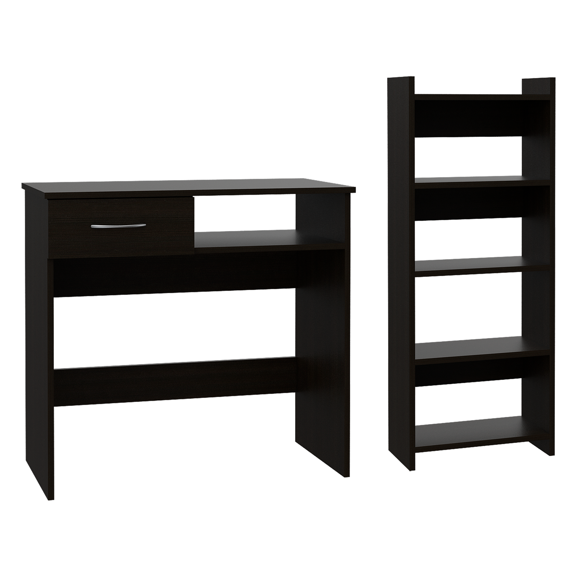 Home Office Set, Two Parts Set, One Drawer, Desktop, Keyboard Tray, Stand, Five Shelves, Black Black Particle Board Particle Board