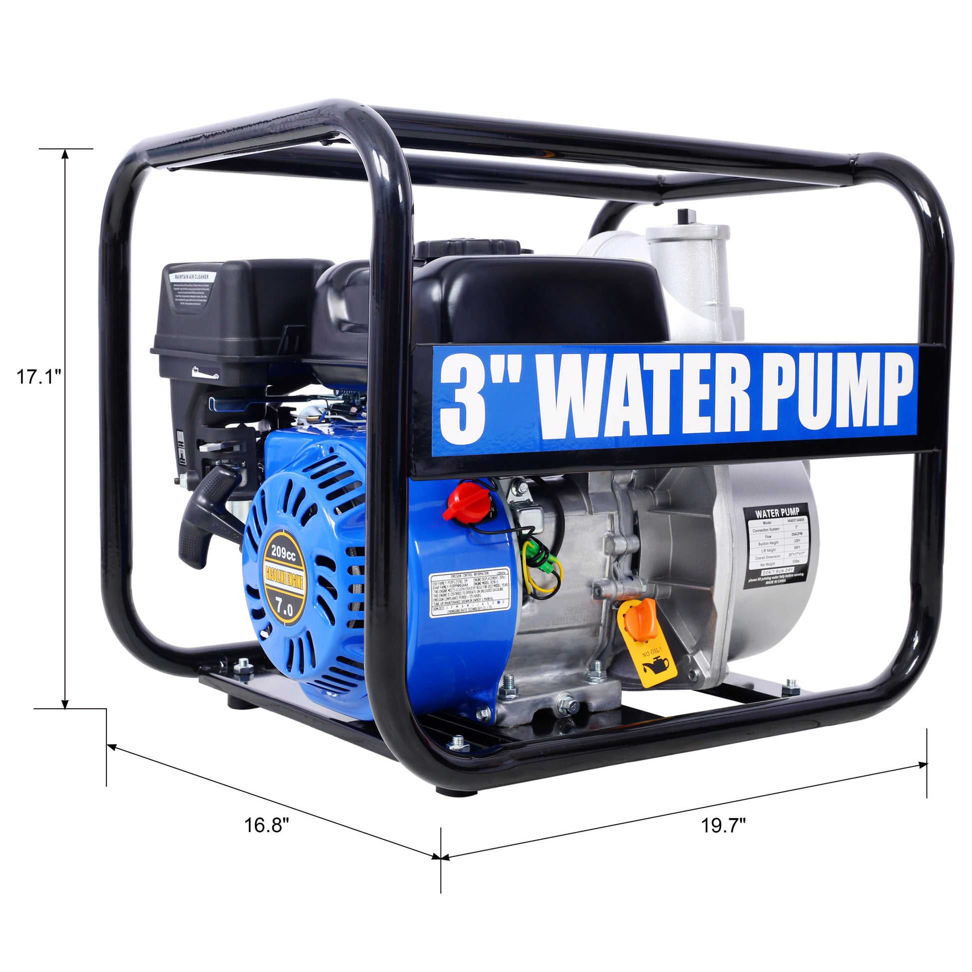 Semi Trash Pump 3 Inch, 209Cc 7Hp 4 Stroke Ohv Engine, Gas Powered Semi Trash Water Pump 50 Ft Discharge Hose, 12 Ft Suction Hose With Complete Fittings,Epa Compliant Black Blue Steel