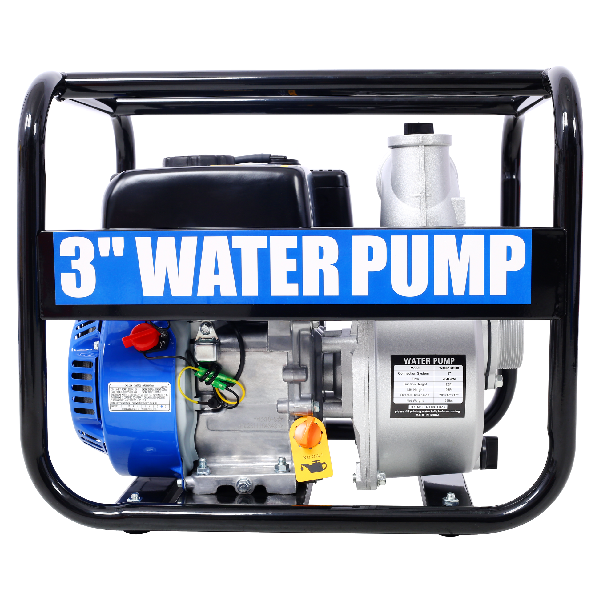 Semi Trash Pump 3 Inch, 209Cc 7Hp 4 Stroke Ohv Engine, Gas Powered Semi Trash Water Pump 50 Ft Discharge Hose, 12 Ft Suction Hose With Complete Fittings,Epa Compliant Black Blue Steel