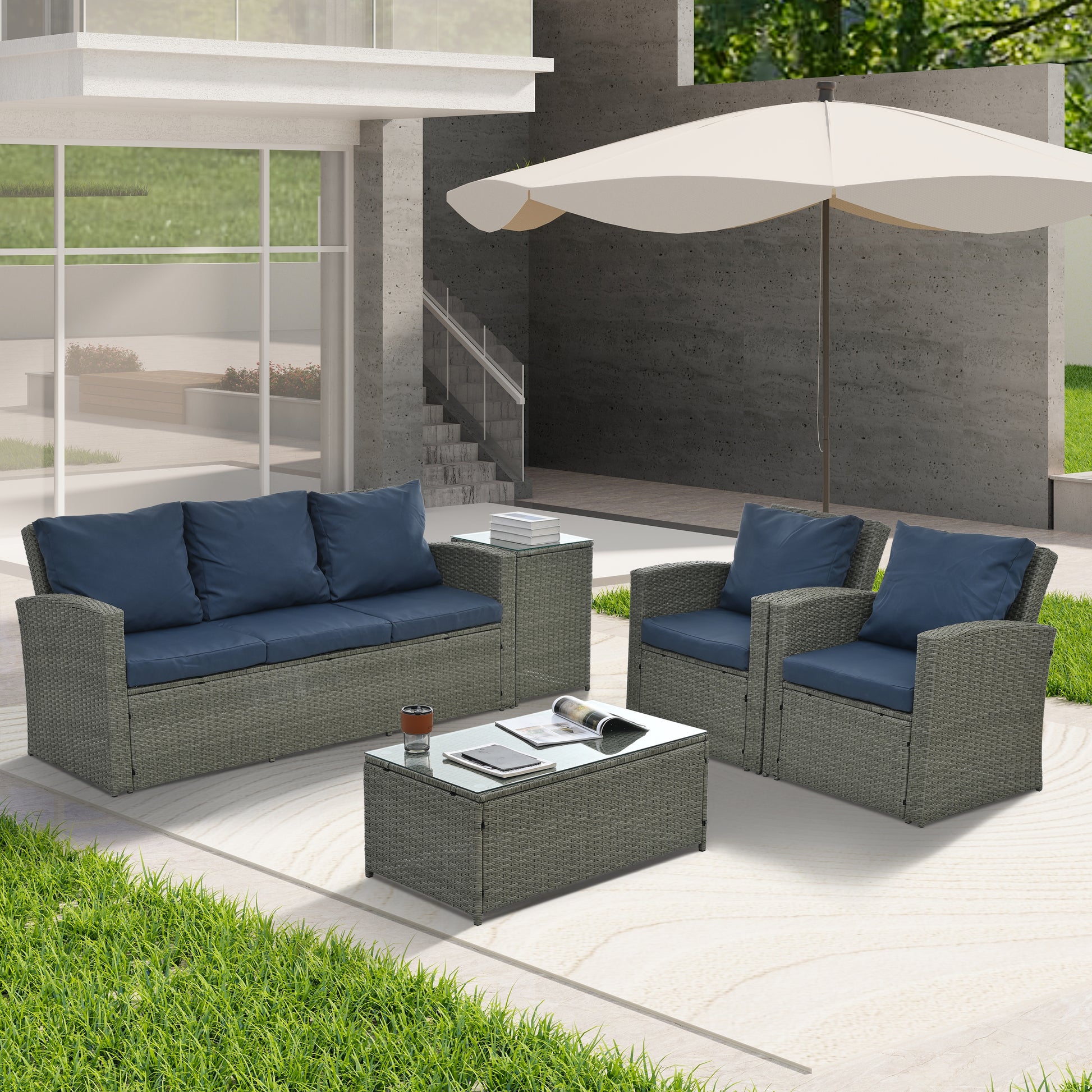 Patio Furniture, Outdoor Furniture, Seasonal Pe Wicker Furniture,5 Set Wicker Furniture With Tempered Glass Table Top Light Blue Pe Rattan Iron Waterproof Fabric