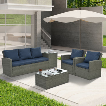 Patio Furniture, Outdoor Furniture, Seasonal Pe Wicker Furniture,5 Set Wicker Furniture With Tempered Glass Table Top Light Blue Pe Rattan Iron Waterproof Fabric