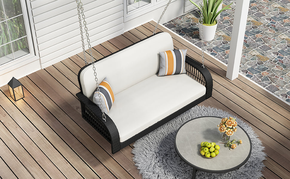 Pe Wicker Porch Swing, 2 Seater Hanging Bench With Chains, Patio Furniture Swing For Backyard Garden Poolside, Black And Beige Beige Black Foam Wicker