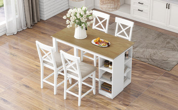60"Lx30"W Solid Wood Farmhouse Counter Height Dining Table Set With 3 Tier Storage Shelves, Upholstered Dining Chairs For 4, 5 Piece, White Wood Dining Room Solid Wood Rubberwood Rectangular Dining Table With Chair Wood Wood Natural White Seats 4