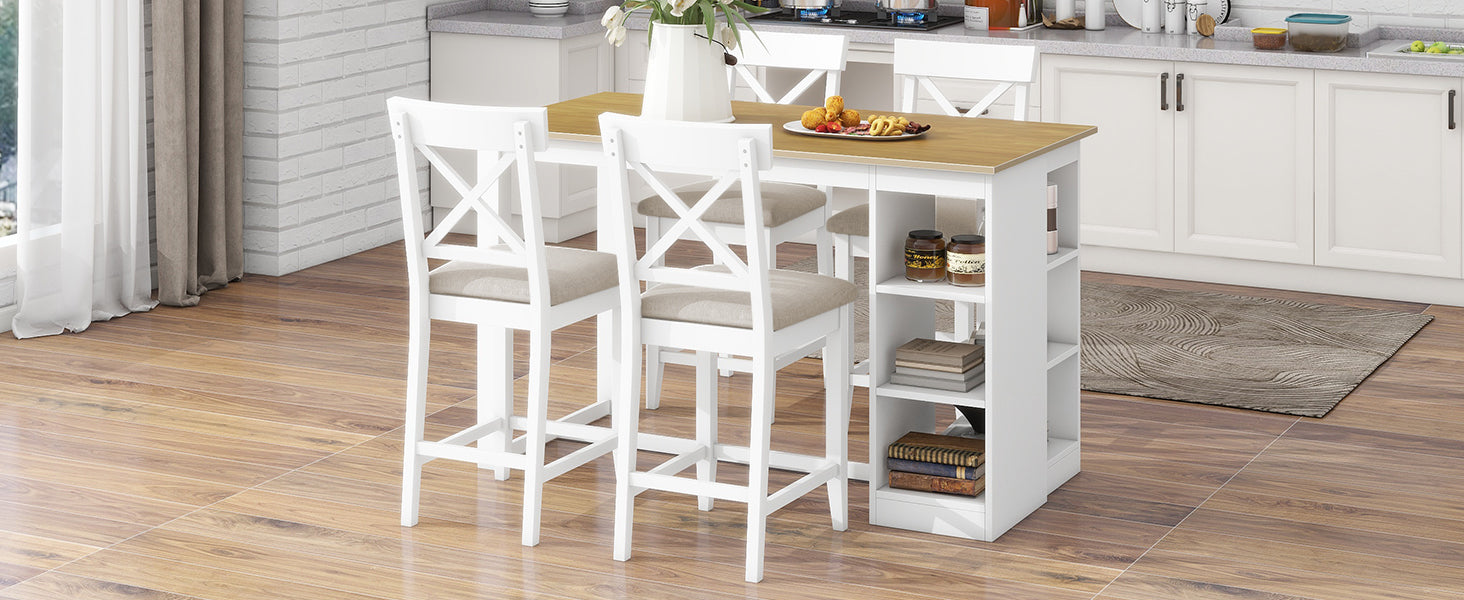 60"Lx30"W Solid Wood Farmhouse Counter Height Dining Table Set With 3 Tier Storage Shelves, Upholstered Dining Chairs For 4, 5 Piece, White Wood Dining Room Solid Wood Rubberwood Rectangular Dining Table With Chair Wood Wood Natural White Seats 4