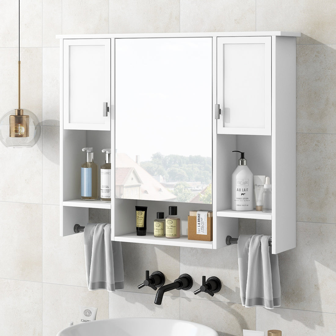 35'' X 28'' Modern Wall Mounted Bathroom Storage Cabinet, Bathroom Wall Cabinet With Mirror, Medicine Cabinet With Towels Bar White 3 5 Mirror Included Bathroom Wall Mounted Mdf Painted