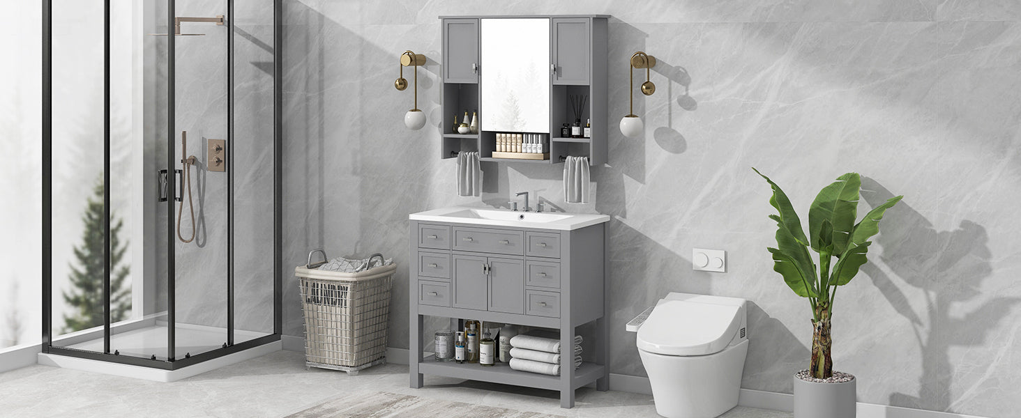 36'' Bathroom Vanity With Top Sink, Modern Mirror Cabinet With Towels Bar, Bathroom Storage Cabinet With 2 Soft Closing Doors And 6 Drawers, Single Sink Bathroom Vanity 4 Grey 4 Bathroom Freestanding Solid Wood Mdf Resin