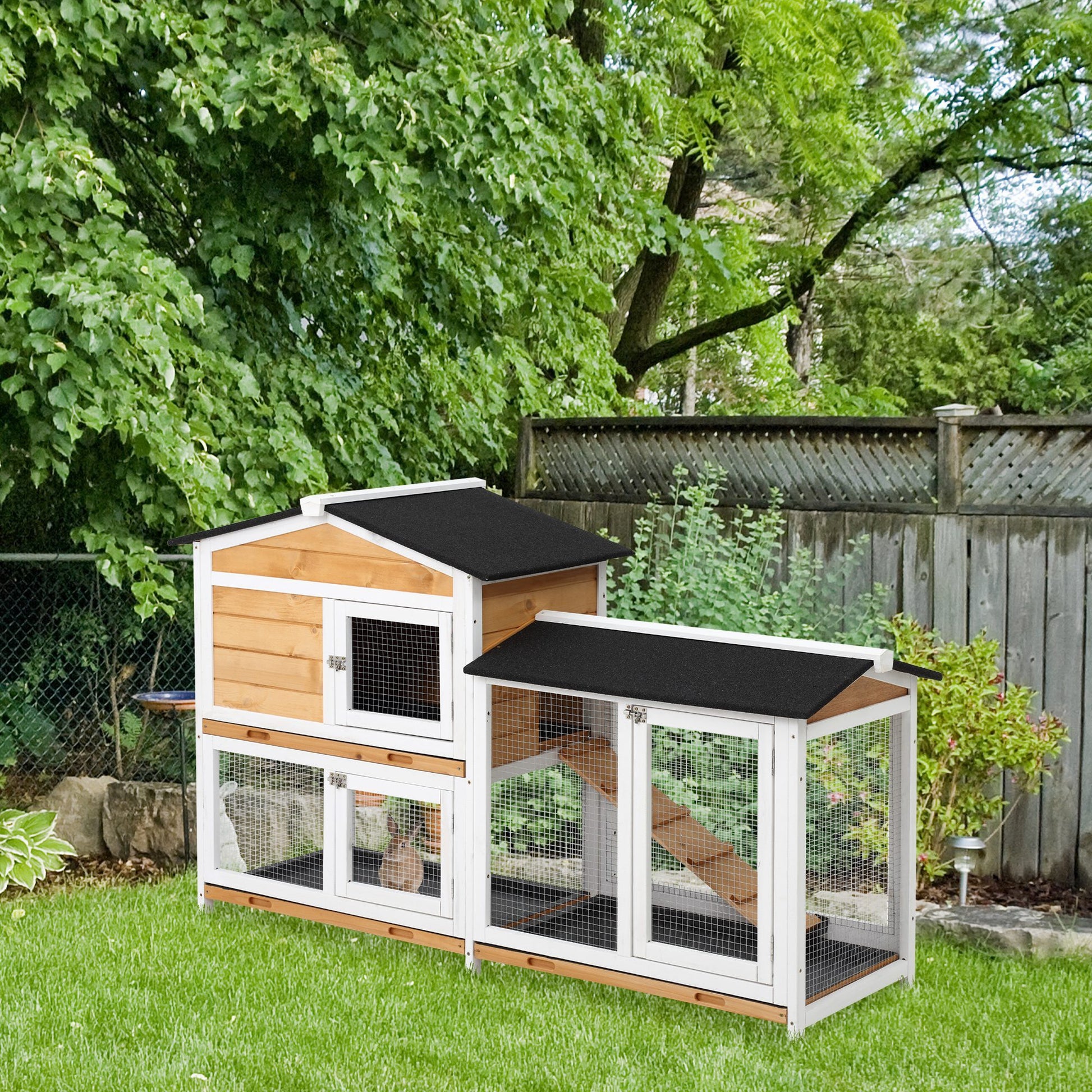 Pawhut 2 Story Rabbit Hutch Wooden Bunny Hutch Cage Small Animal House With Ramp, No Leak Tray, Weatherproof Roof And Outdoor Run, Indoor Outdoor, Yellow Yellow Wood