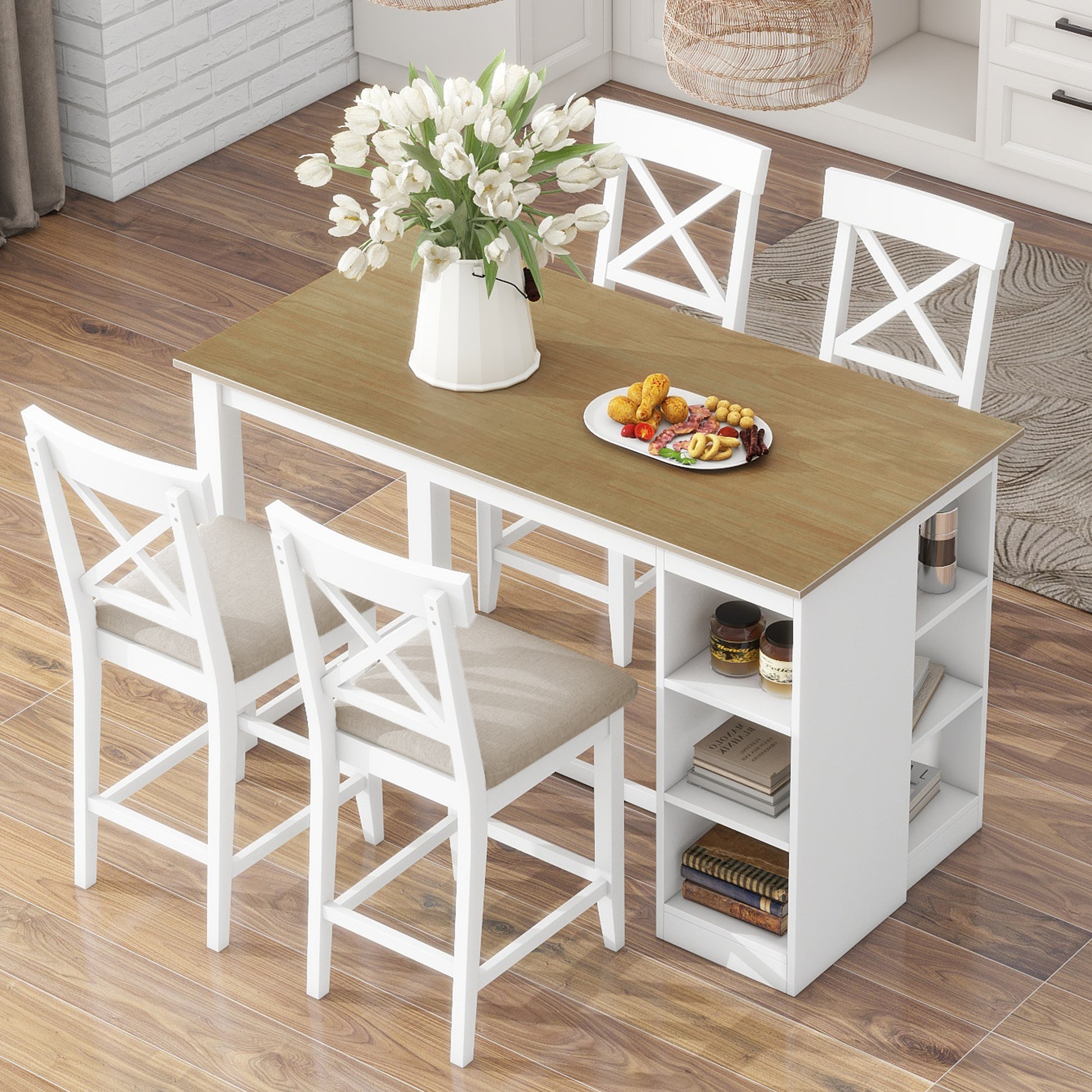 60"Lx30"W Solid Wood Farmhouse Counter Height Dining Table Set With 3 Tier Storage Shelves, Upholstered Dining Chairs For 4, 5 Piece, White Wood Dining Room Solid Wood Rubberwood Rectangular Dining Table With Chair Wood Wood Natural White Seats 4