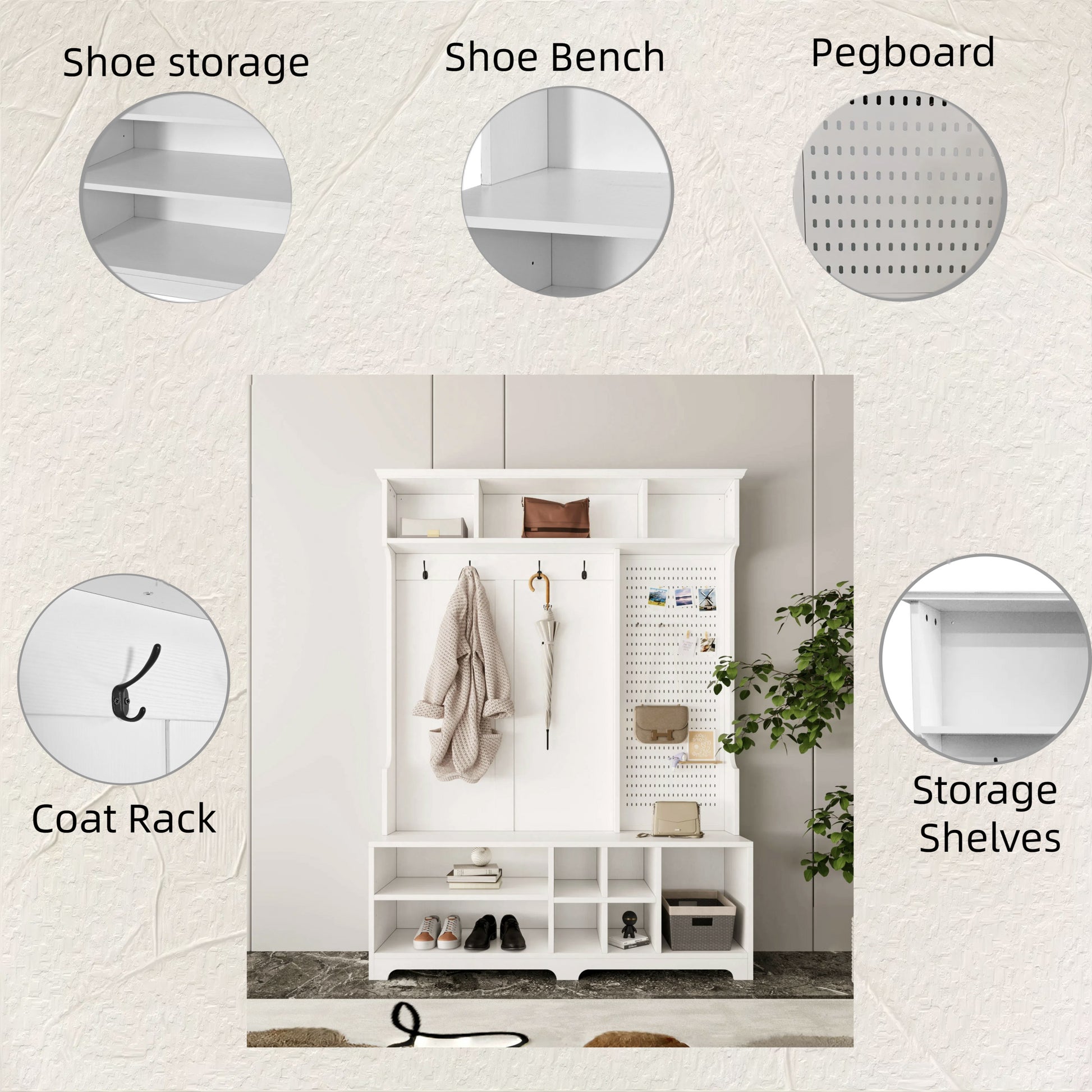 Hall Tree With Shoe Bench, Coat Rack ,Shoe Storage ,Storage Shelves And Pegboard, For Hallways, Halls And Bedrooms, White White Mdf Metal