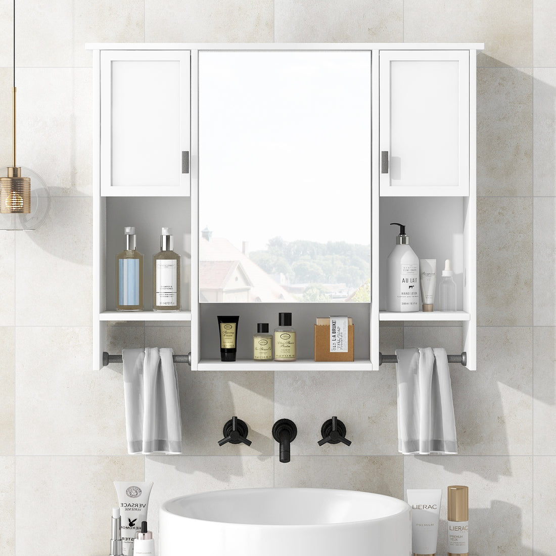 35'' X 28'' Modern Wall Mounted Bathroom Storage Cabinet, Bathroom Wall Cabinet With Mirror, Medicine Cabinet With Towels Bar White 3 5 Mirror Included Bathroom Wall Mounted Mdf Painted