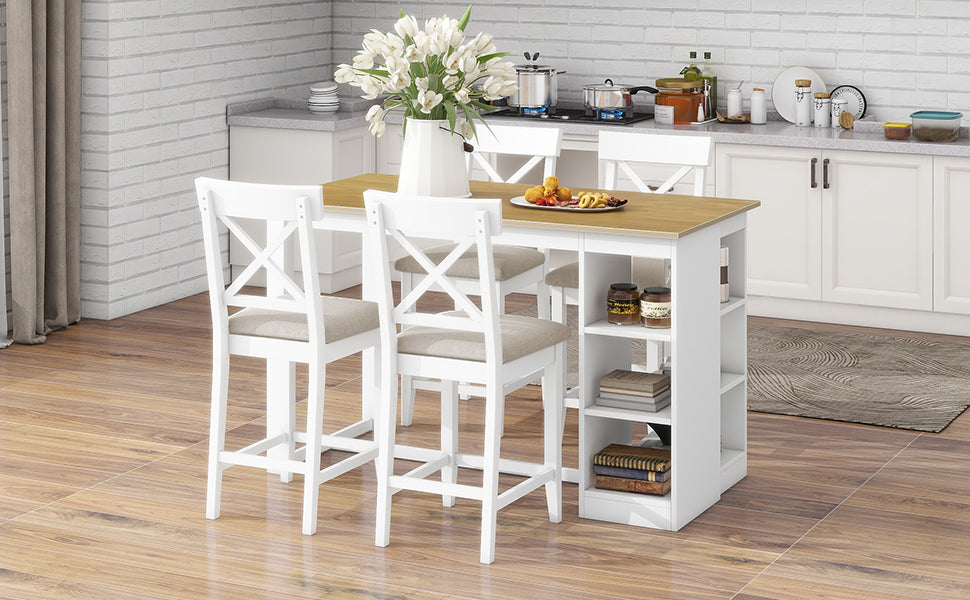 60"Lx30"W Solid Wood Farmhouse Counter Height Dining Table Set With 3 Tier Storage Shelves, Upholstered Dining Chairs For 4, 5 Piece, White Wood Dining Room Solid Wood Rubberwood Rectangular Dining Table With Chair Wood Wood Natural White Seats 4