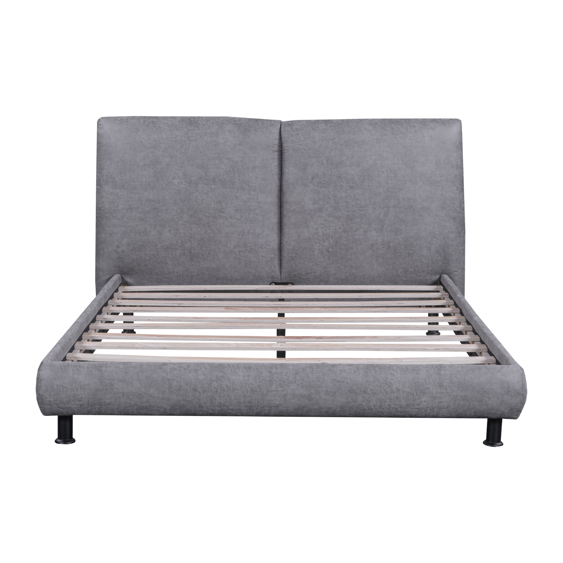 Queen Size Upholstered Platform Bed With Two Large Headrests And Thick Fabric, Polyester, Gray Gray Polyester