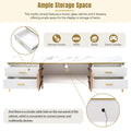 Stylish Led Tv Stand With Marble Veined Table Top For Tvs Up To 78'', Entertainment Center With Brown Glass Storage Cabinet, Golden Legs & Handles For Living Room, White Gold White Primary Living Space 70 79 Inches 70 79 Inches Particle Board