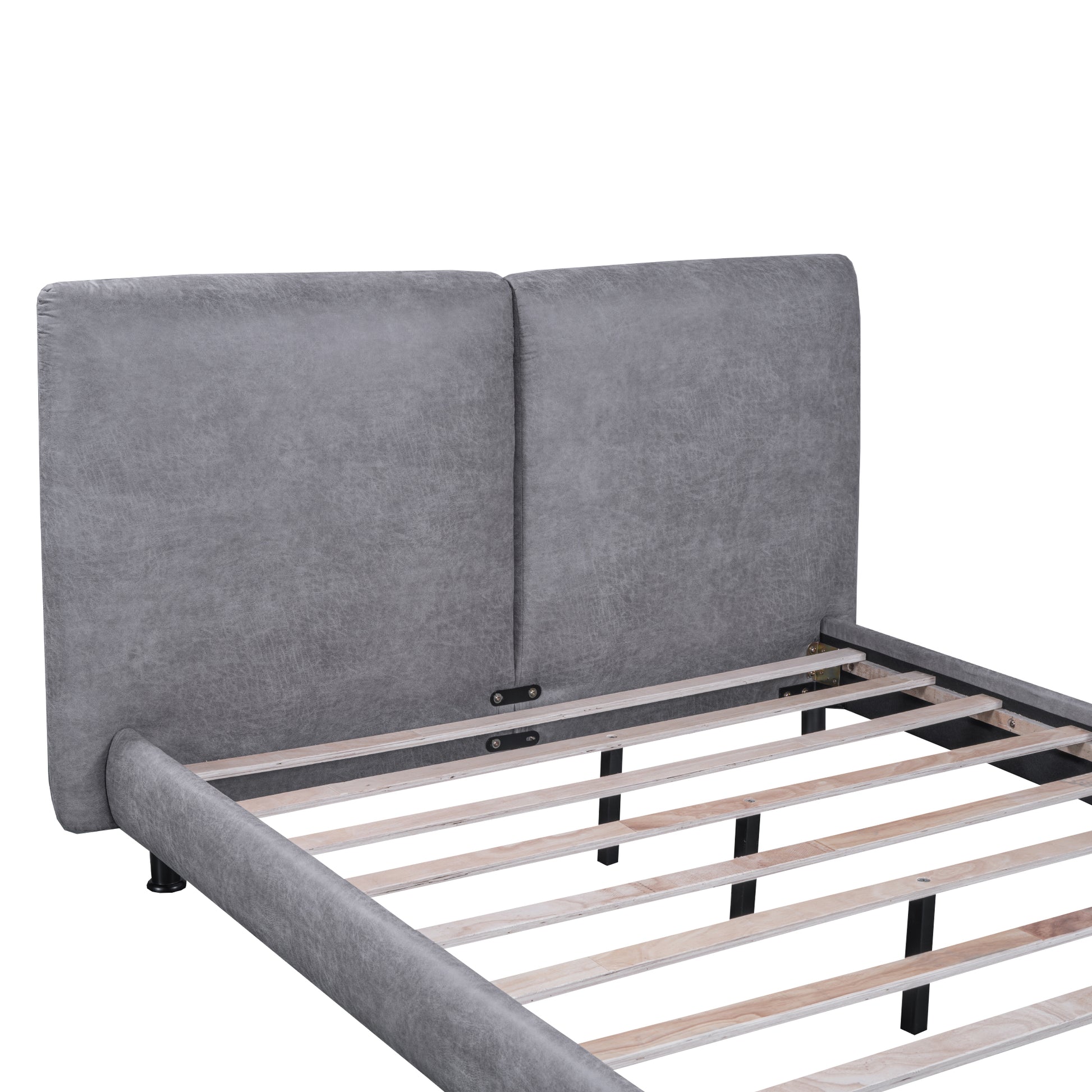 Queen Size Upholstered Platform Bed With Two Large Headrests And Thick Fabric, Polyester, Gray Gray Polyester