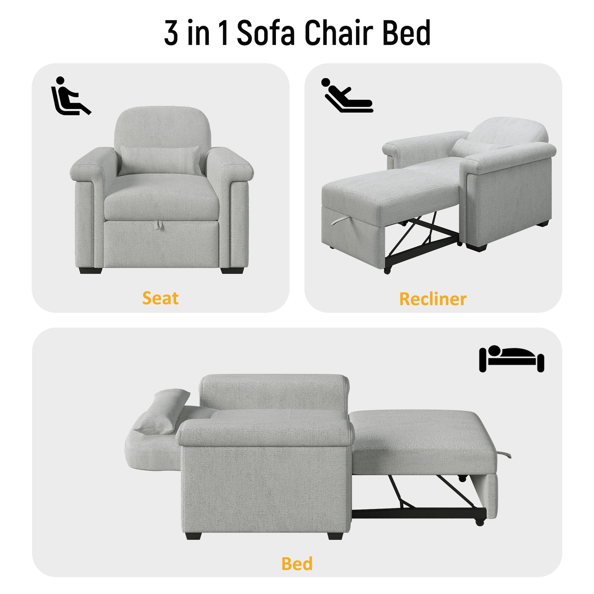 3 In 1 Convertible Sleeper Chair Sofa Bed Pull Out Couch Adjustable Chair With Pillow, Adjust Backrest Into A Sofa, Lounger Chair, Single Bed Or Living Room Or Apartment, Gray Gray Polyester
