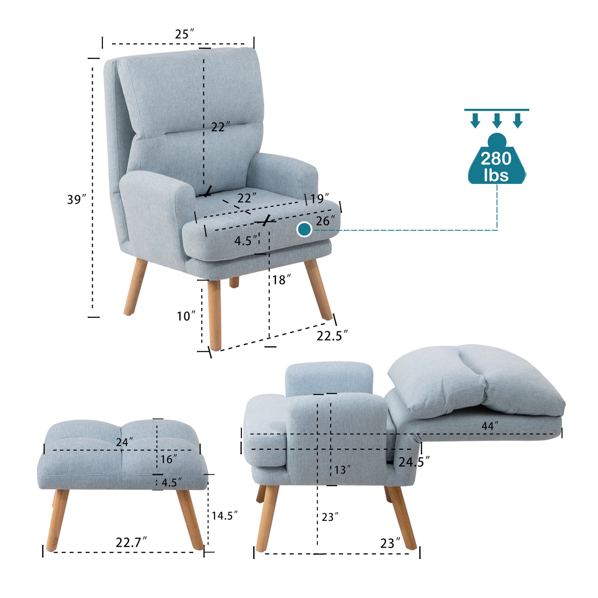 Accent Chair With Ottoman Set, Fabric Armchair With Wood Legs And Adjustable Backrestmid Century Modern Comfy Lounge Chair For Living Room, Bedroom, Reading Room And Study Blue Textile 1 Seat