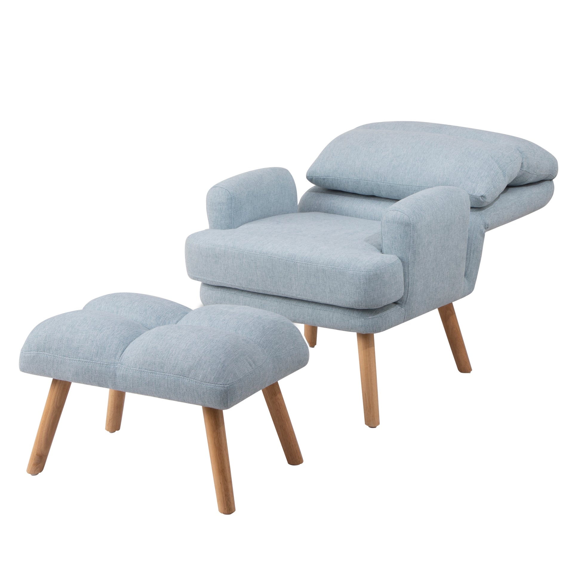 Accent Chair With Ottoman Set, Fabric Armchair With Wood Legs And Adjustable Backrestmid Century Modern Comfy Lounge Chair For Living Room, Bedroom, Reading Room And Study Blue Textile 1 Seat