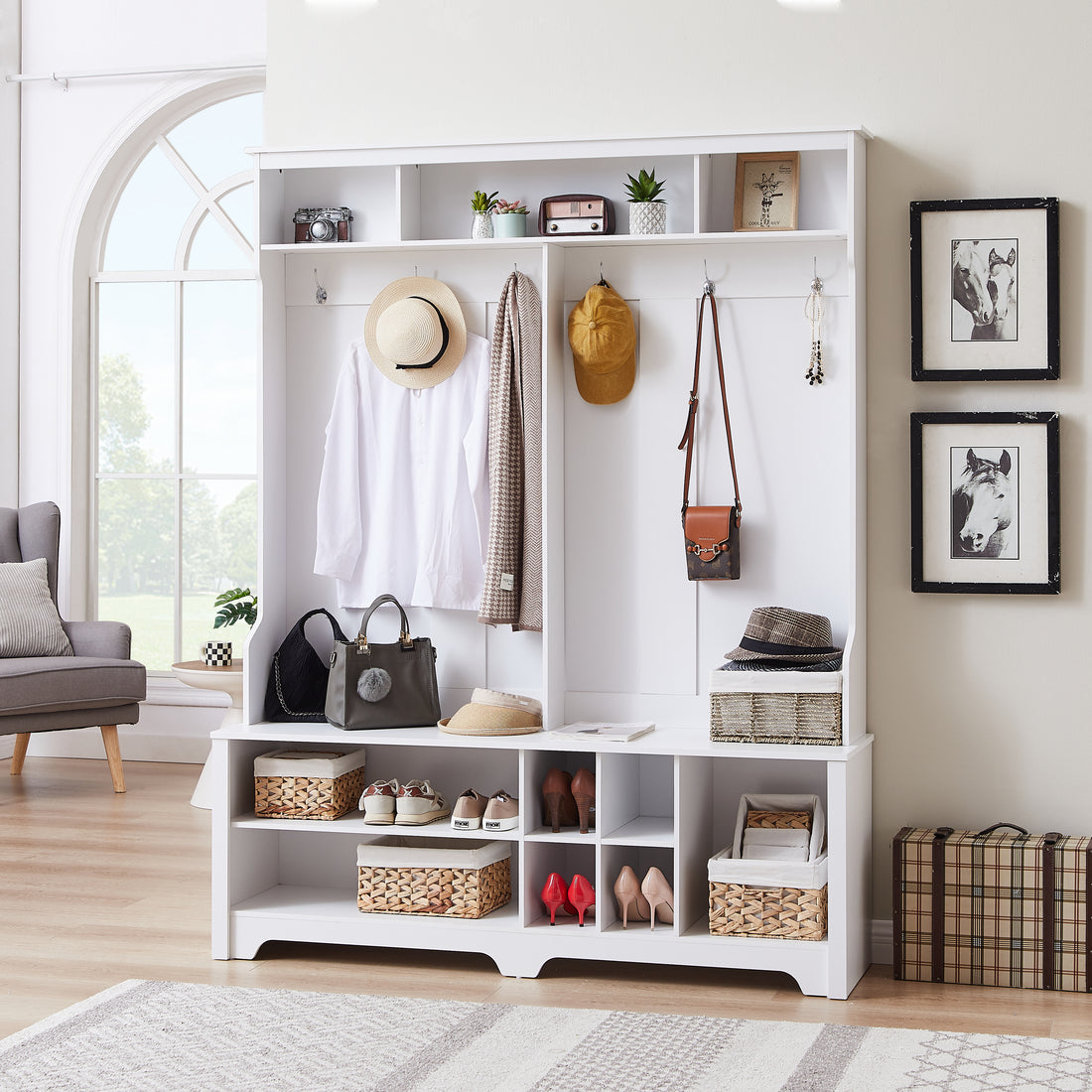 Hall Tree Entryway Bench With Coat Rack, With Shoe Cubbies For Bedroom, White, 59.8'' W X 15.8'' D X 76.8''H. White Particle Board