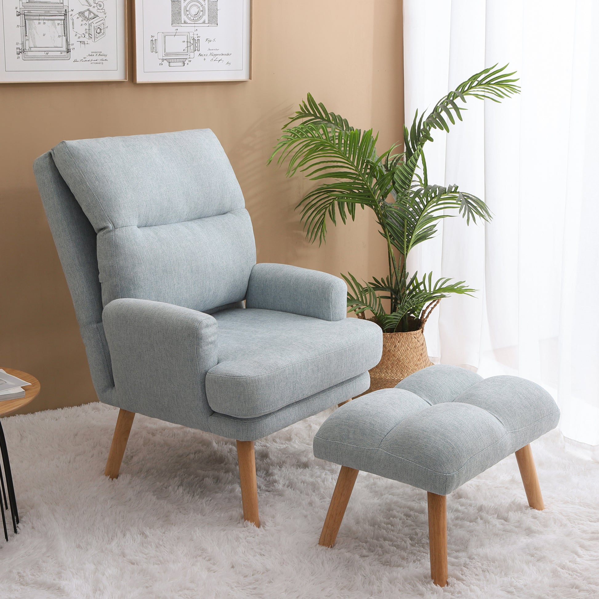 Accent Chair With Ottoman Set, Fabric Armchair With Wood Legs And Adjustable Backrestmid Century Modern Comfy Lounge Chair For Living Room, Bedroom, Reading Room And Study Blue Textile 1 Seat