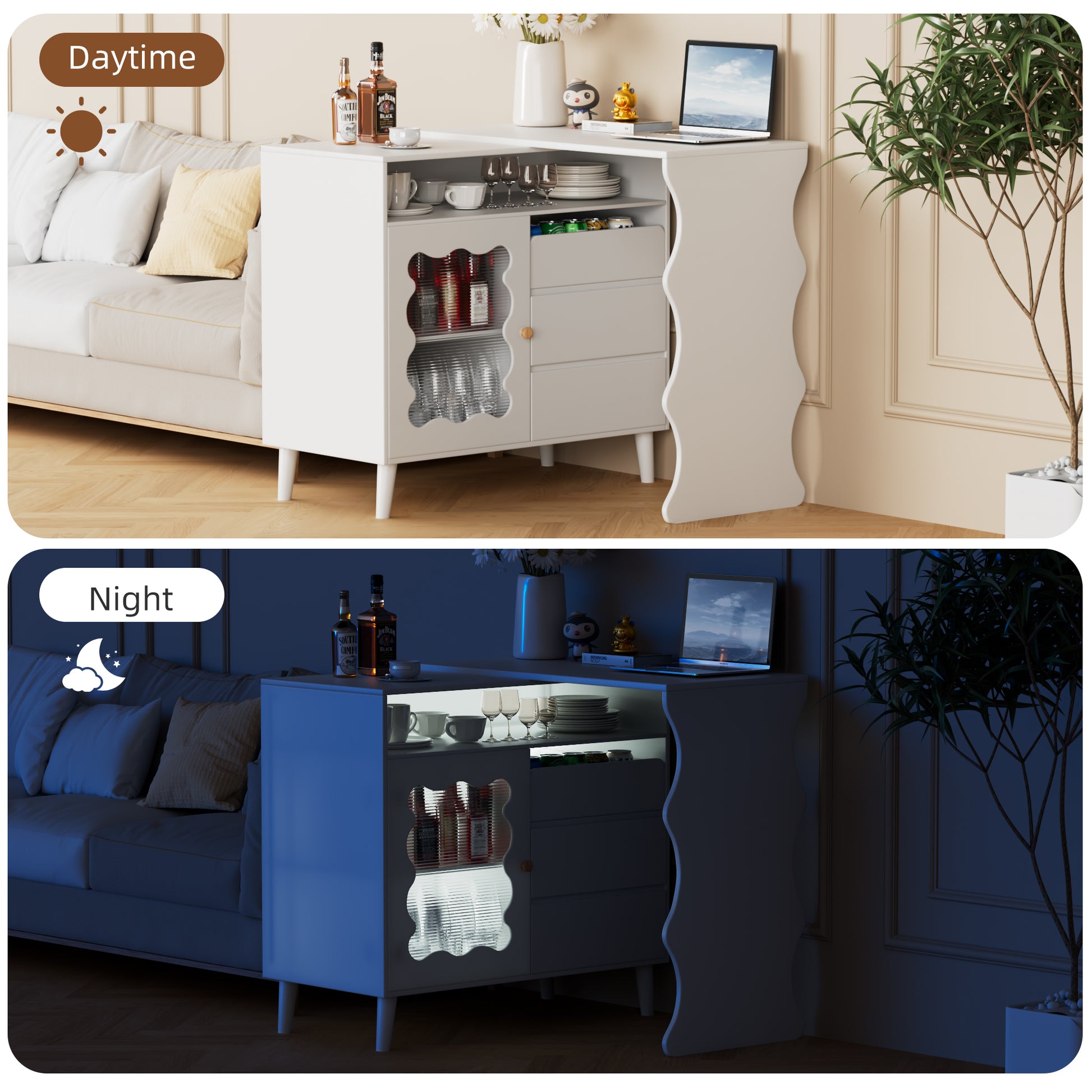 41" 79" Led L Shaped Modern Farmhouse Sideboard Buffet Cabinet, Wood Buffet Storage Cabinet With Drawers & Shelves, Large Coffee Bar Cabinet With Storage, Microwave Stand For Kitchen, Dining Room White Dining Room Modern Mdf